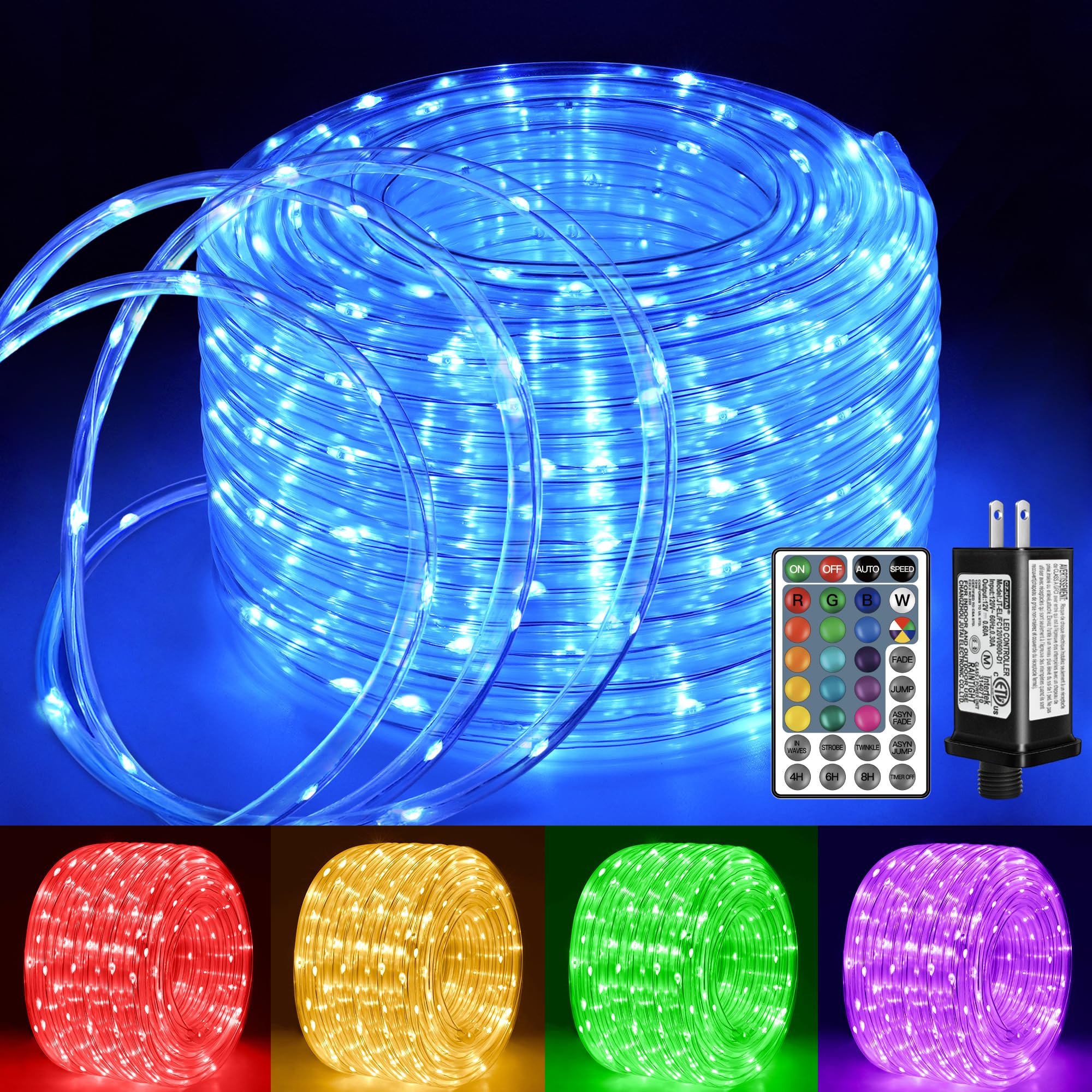 Ollny Rope Lights Outdoor Color Changing, 33FT 100 LED Waterproof Plug in Outdoor String Lights with Remote, 16 Colors Twinkle Rope Lights for Outside Indoor Party Christmas Holiday Decorations