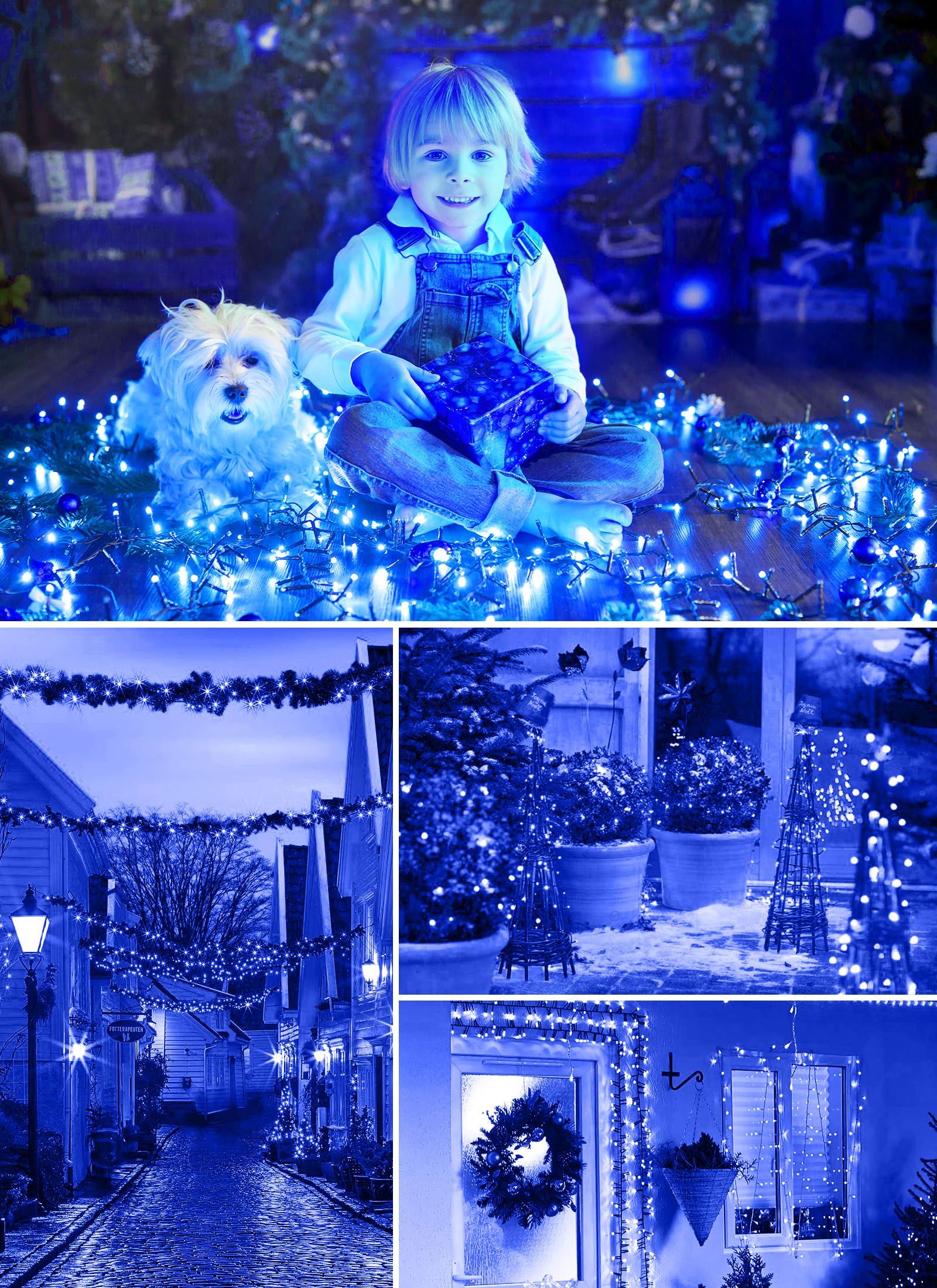 Minetom Solar String Lights, 40FT 100 LED, Waterproof, 8 Lighting Modes, Blue, Outdoor Patio Decoration