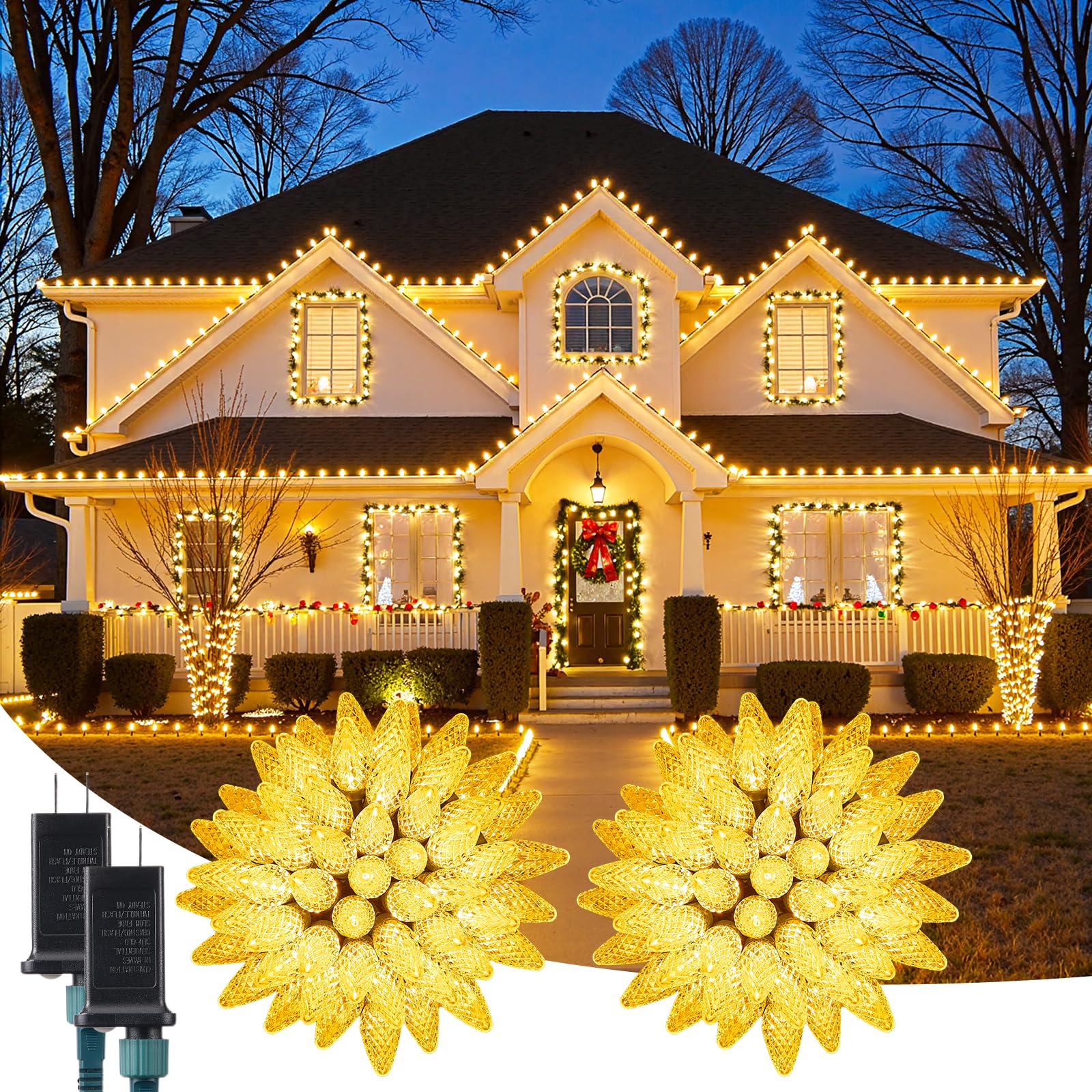 Minetom C9 String Lights Outdoor, 110 LED, 72 FT, Warm White, 8 Modes & Timer, Waterproof, 2 Pack