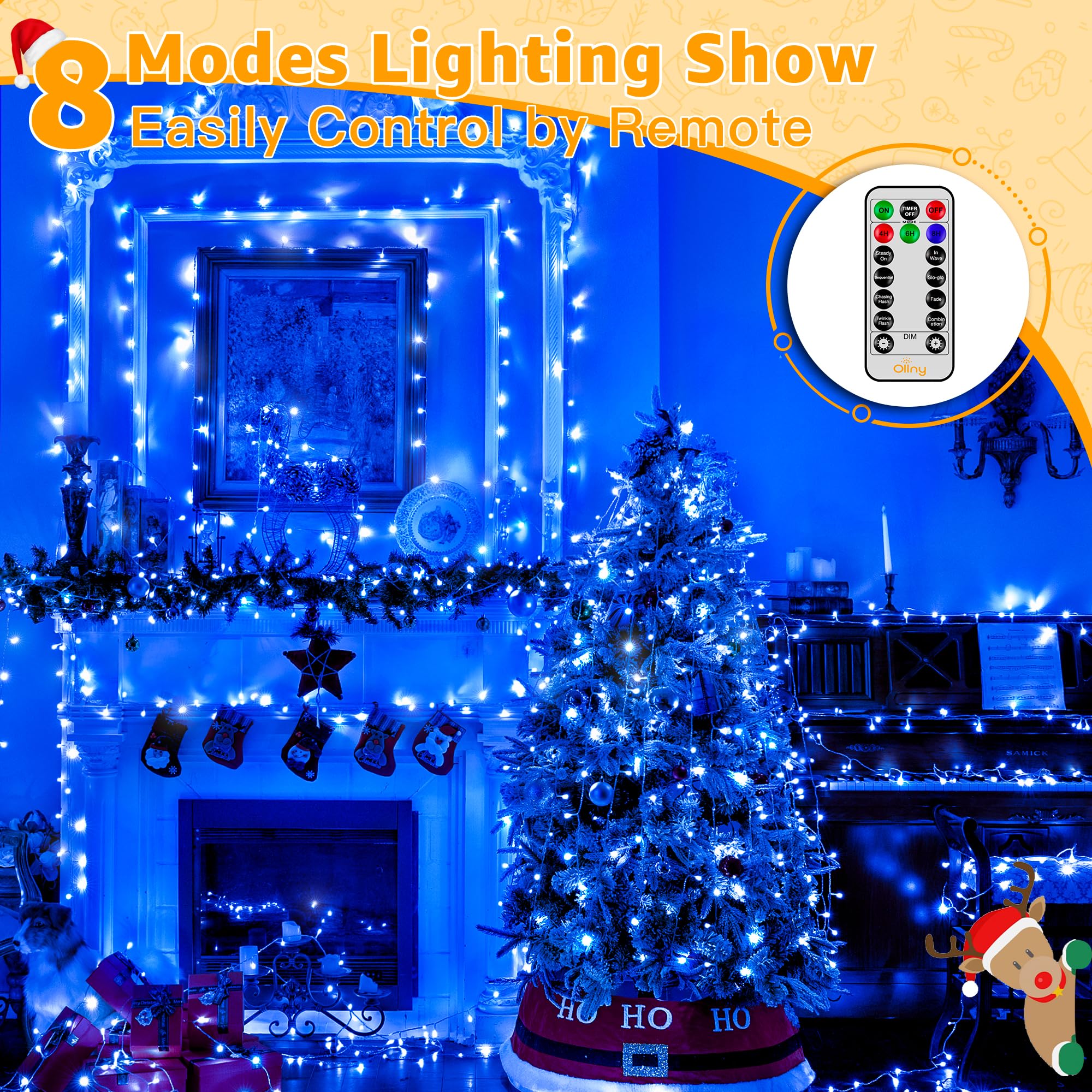 Ollny Christmas Lights Outdoor 800Led 262Ft, Blue Plug In Fairy Lights With Remote, 8 Modes Waterproof Timers Dimmable Led String Lights For Indoor House Outside Bedroom Patio Balcony