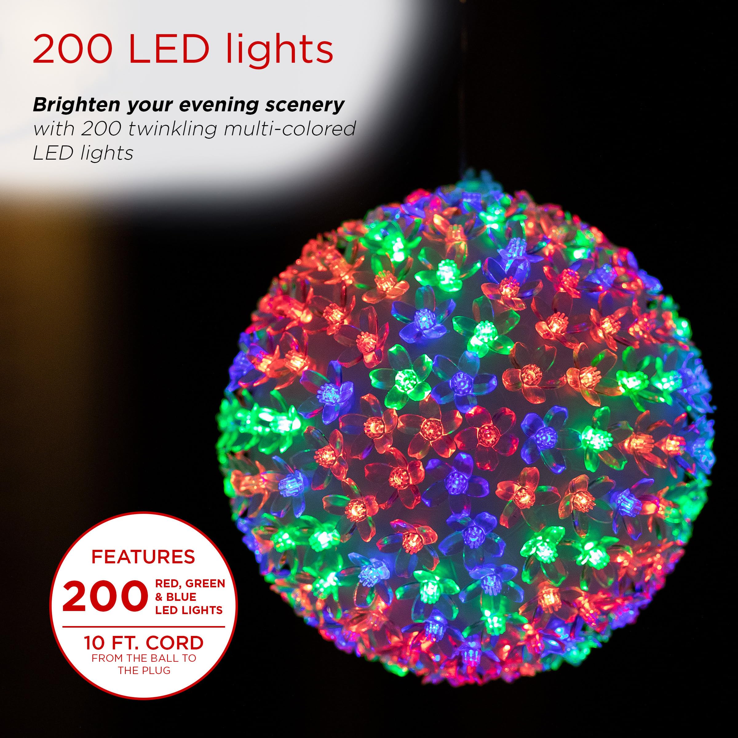 Alpine Corporation 8" Indoor/Outdoor Flashing Sphere Ornament with Multi-Colored LED Lights, Plastic Christmas Decoration, Model COR108MC