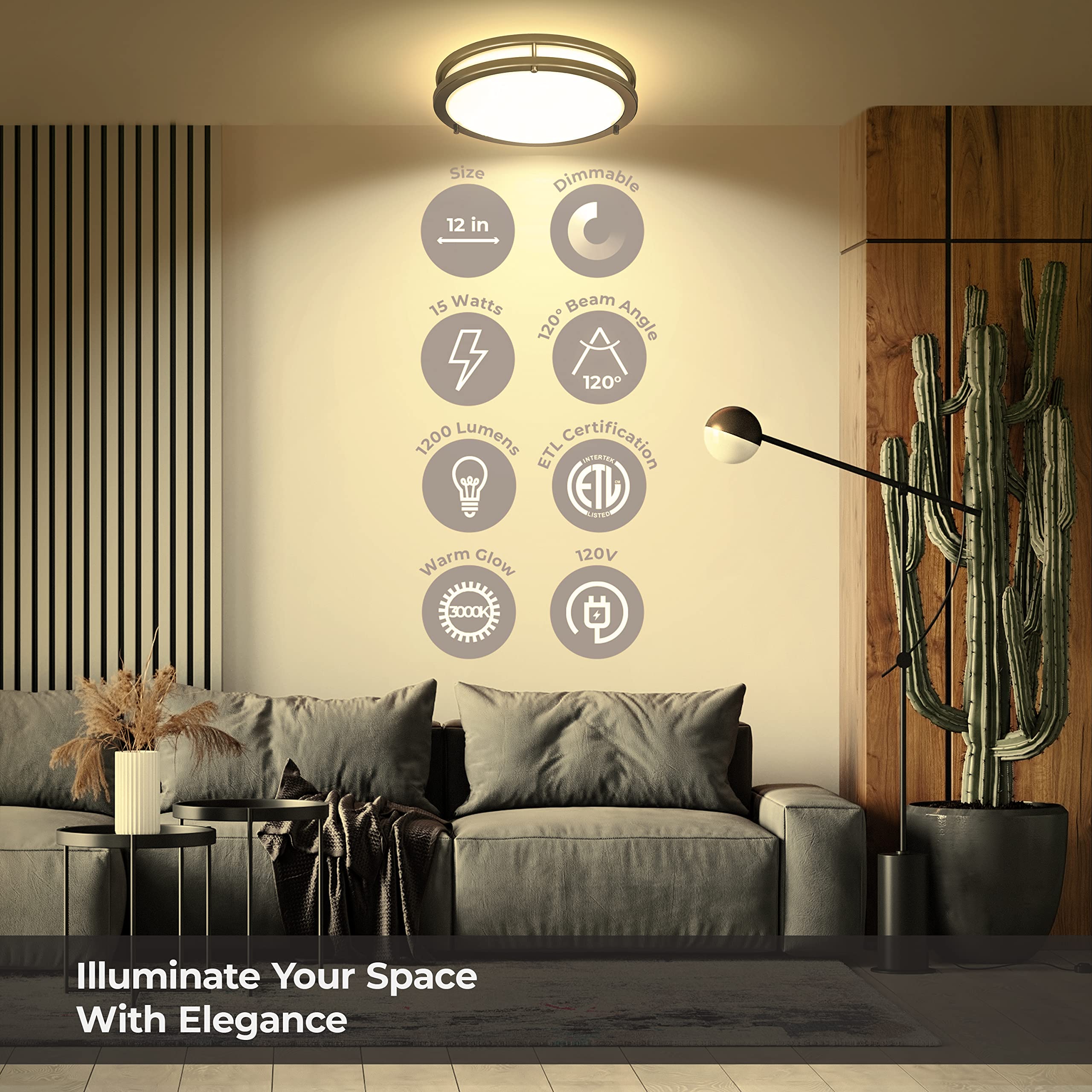 LB72120 LED Flush Mount Ceiling Light, 12 inch, 15W (150W Equivalent) Dimmable 1200lm, 3000K Warm White, Oil Rubbed Bronze Round