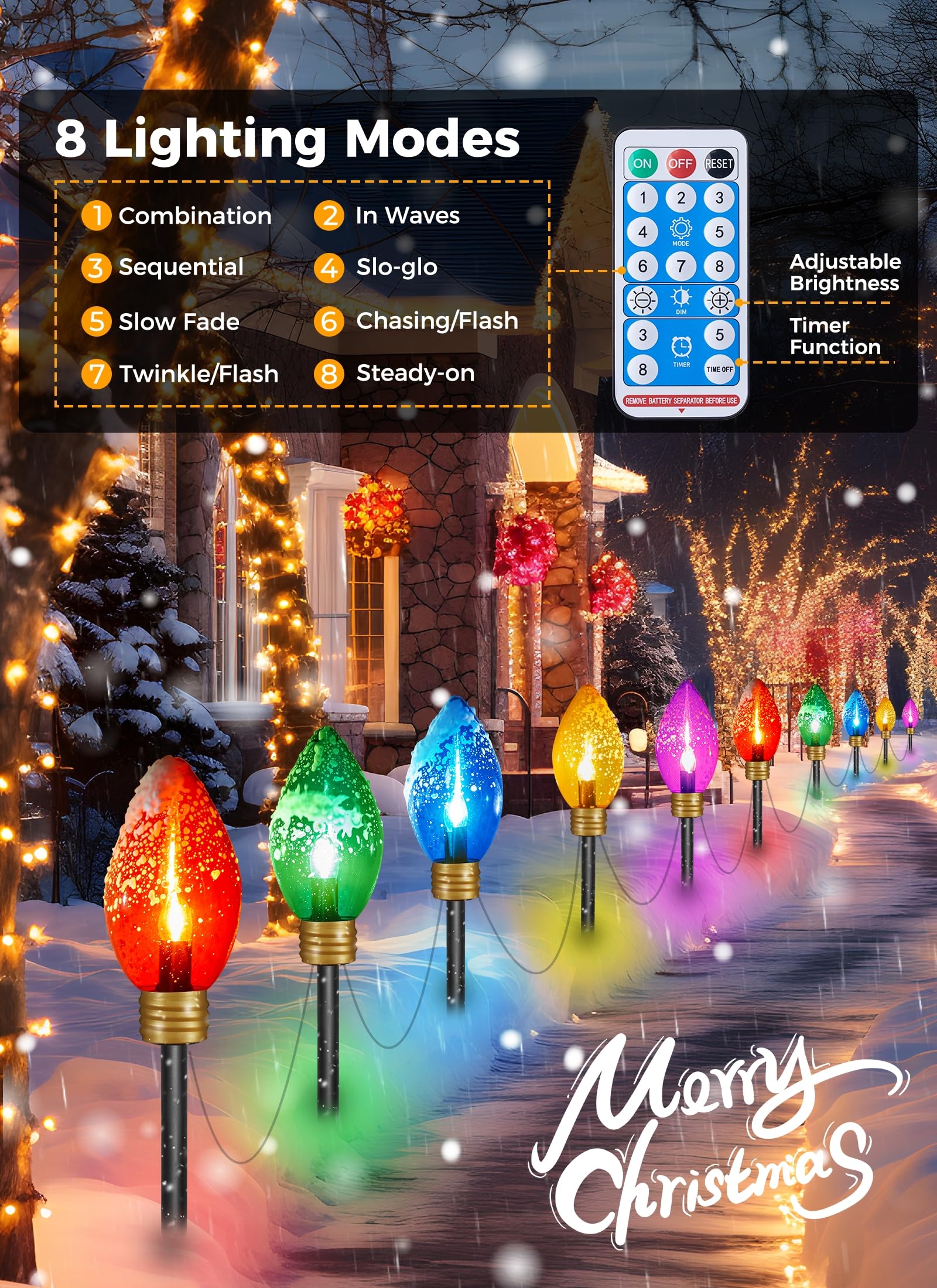 Brightown Solar Super Jumbo Christmas Lights Outdoor - 2 Pack Total 44 Ft 20 Led Jumbo C9 Christmas Pathway Lights With Timer, 8