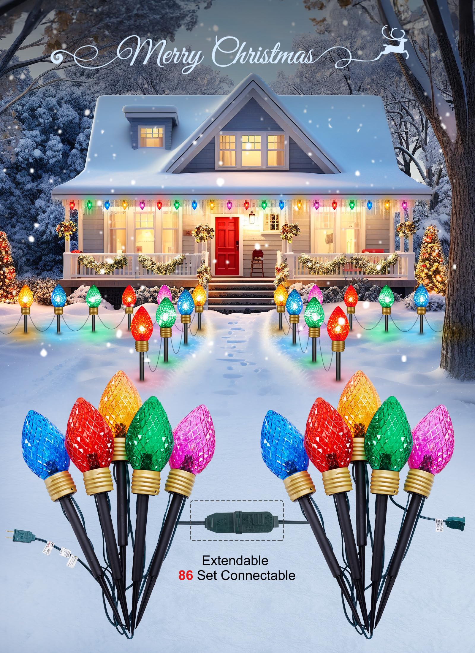 Brightown Jumbo C9 Christmas Pathway Lights - 2 Pack, 17 Feet, Multicolor LED Bulbs for Outdoor Holiday Decorations