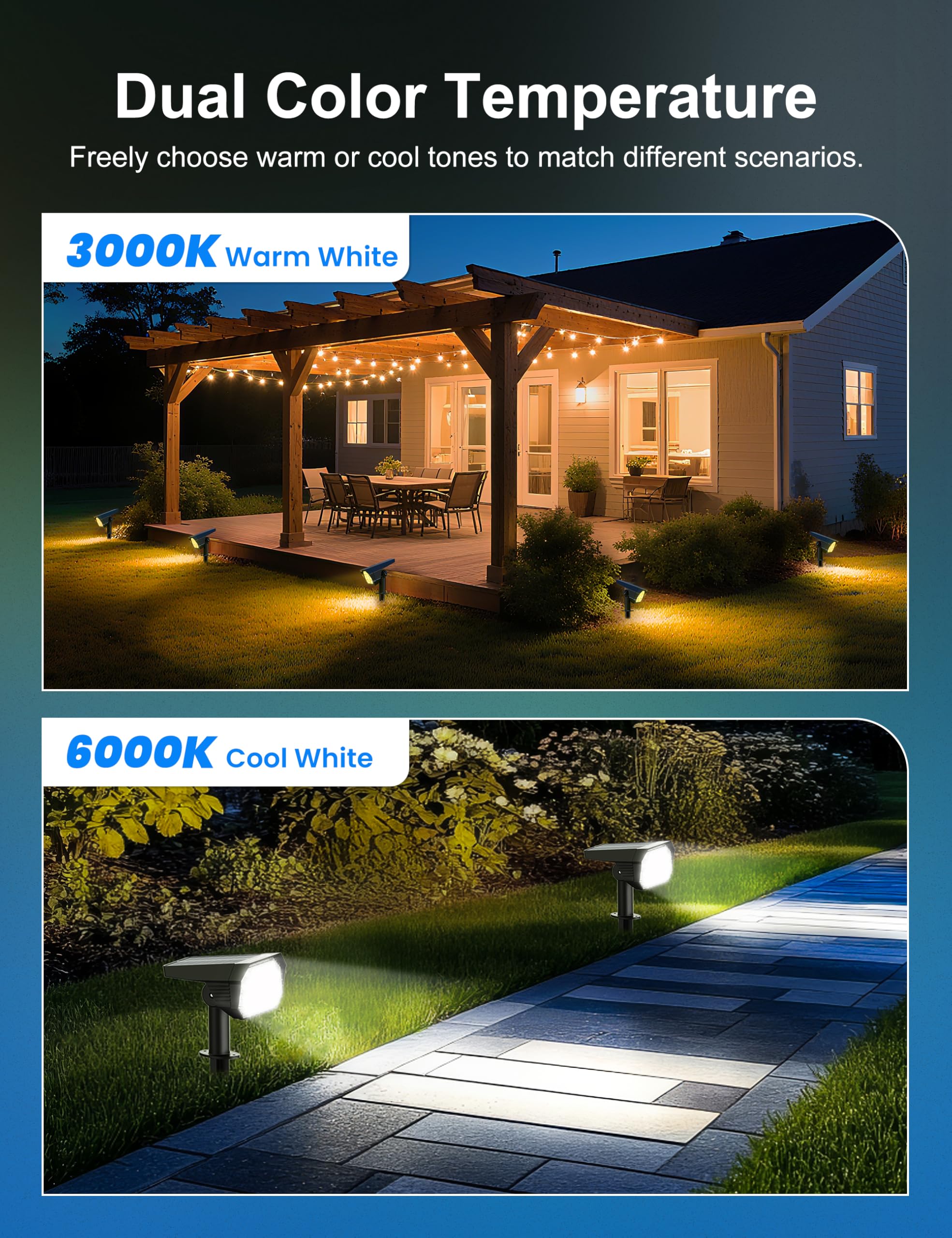 Brightown Solar Spot Lights Outdoor, 6 Pack, IP67 Waterproof, 2-in-1 Cool & Warm Light, Model SpotLight-TC-6PC