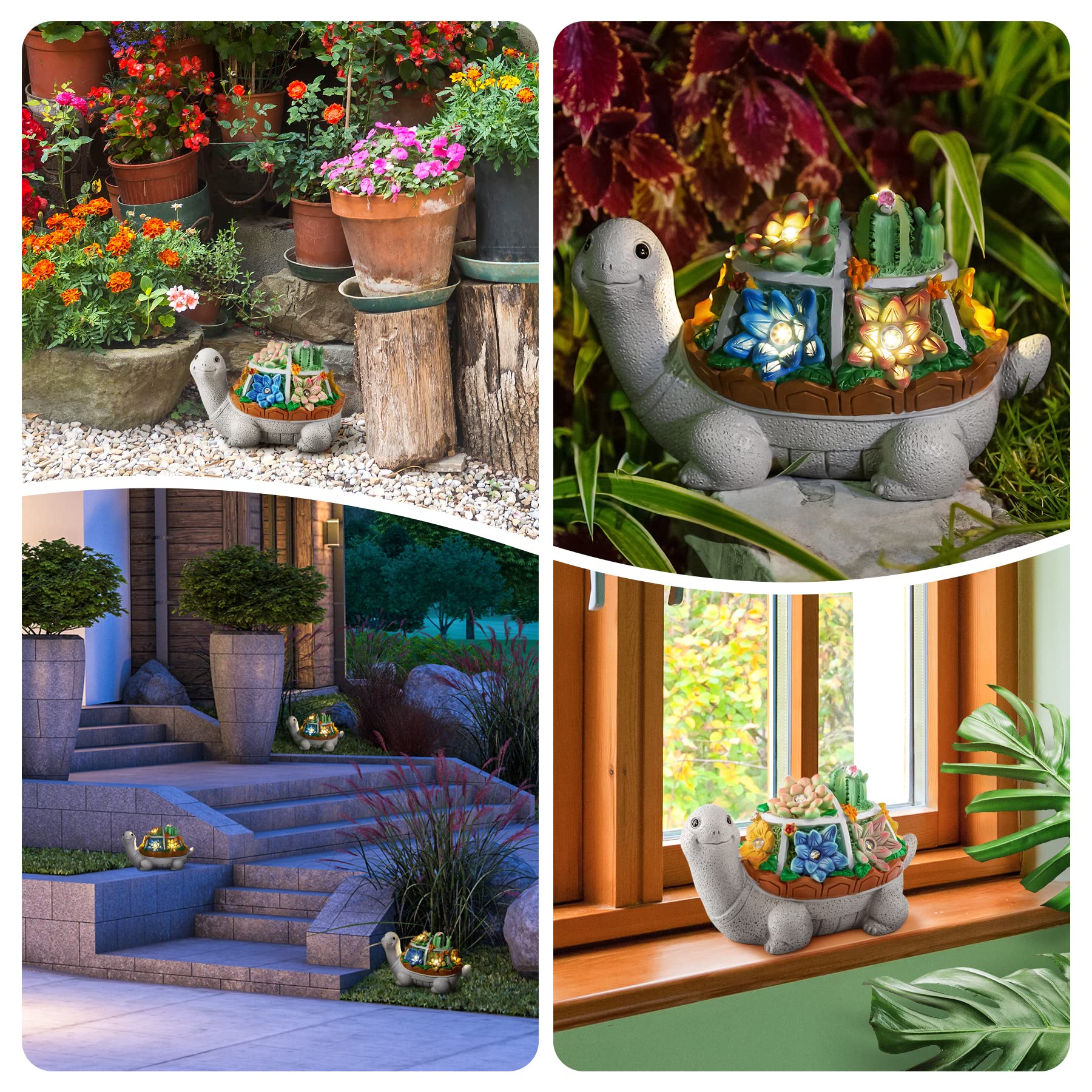 Garden Statues, Turtle Solar Garden Outdoor Statues Lawn Ornaments with Cactus & LED Lights, Tortoise Figurines Outdoor Clearanc