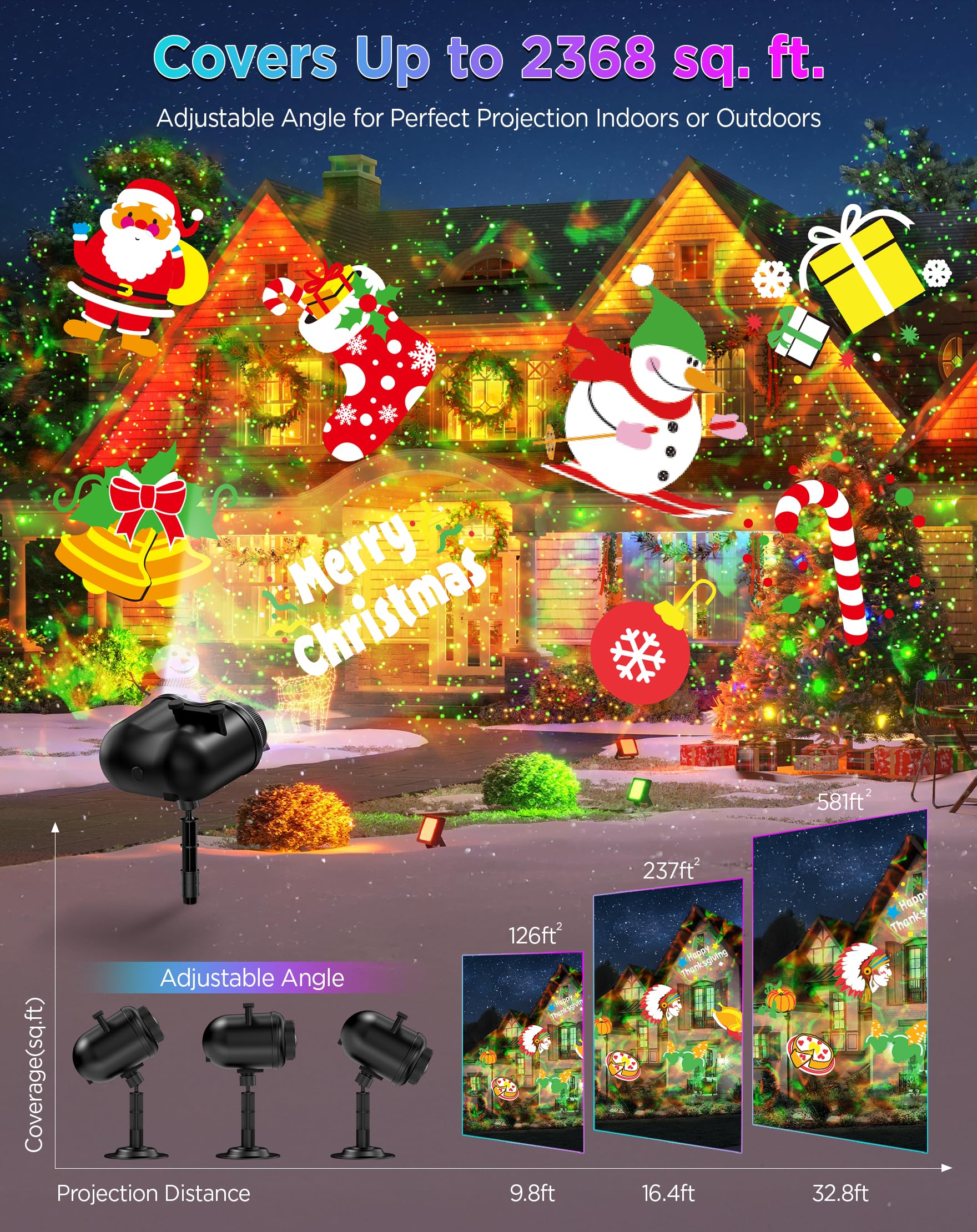 jepwe Christmas Projector Lights - Waterproof, 10 Slides, 8 HD Patterns, Firefly & Ocean Wave Effects, Model SE508-012-10K-US