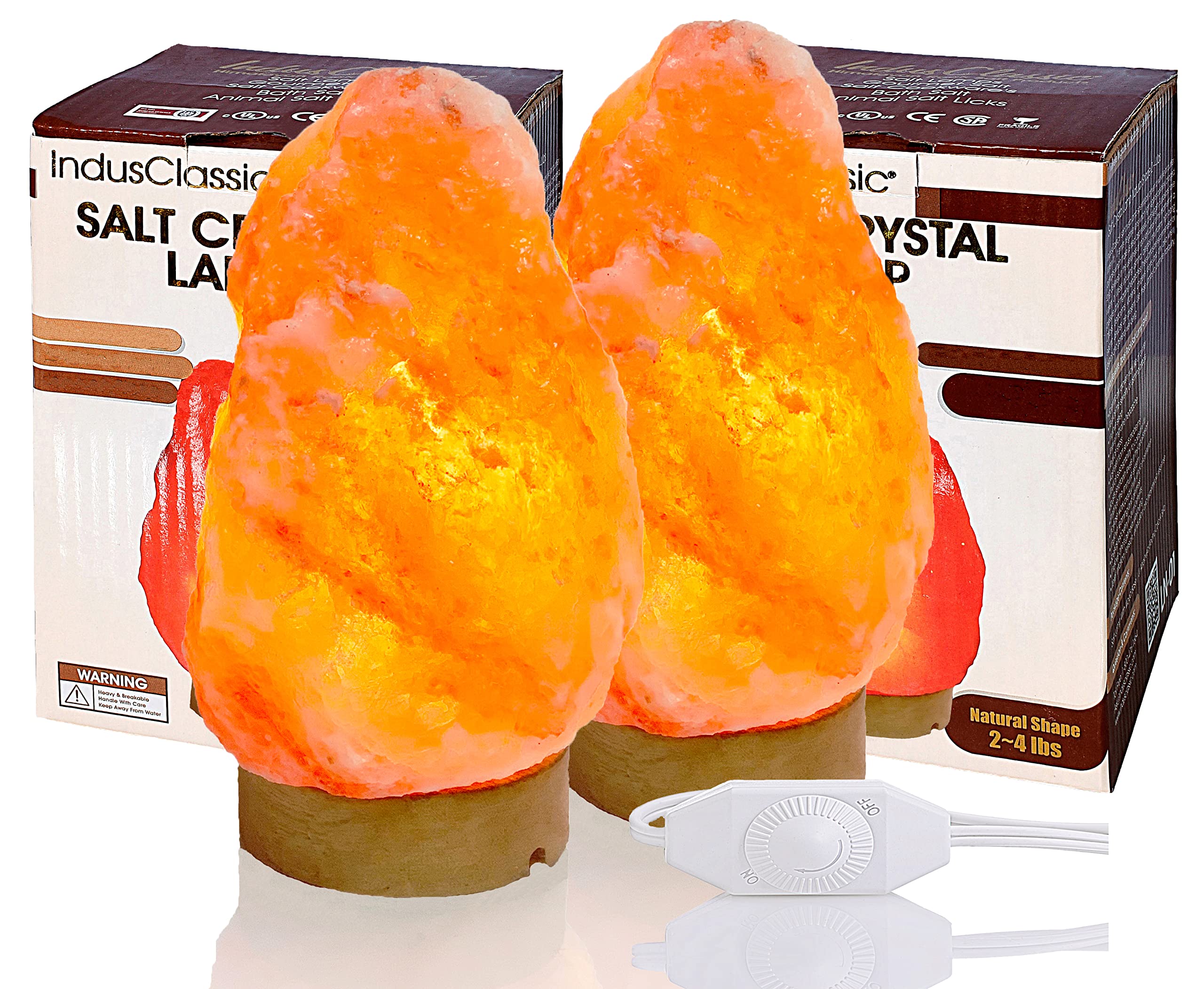 IndusClassic LN-01 Pack of 2 Natural Himalayan Pink Crystal Rock Salt Lamp 6~8 Inch Tall with Dimmer Control Switch, Quality Gif