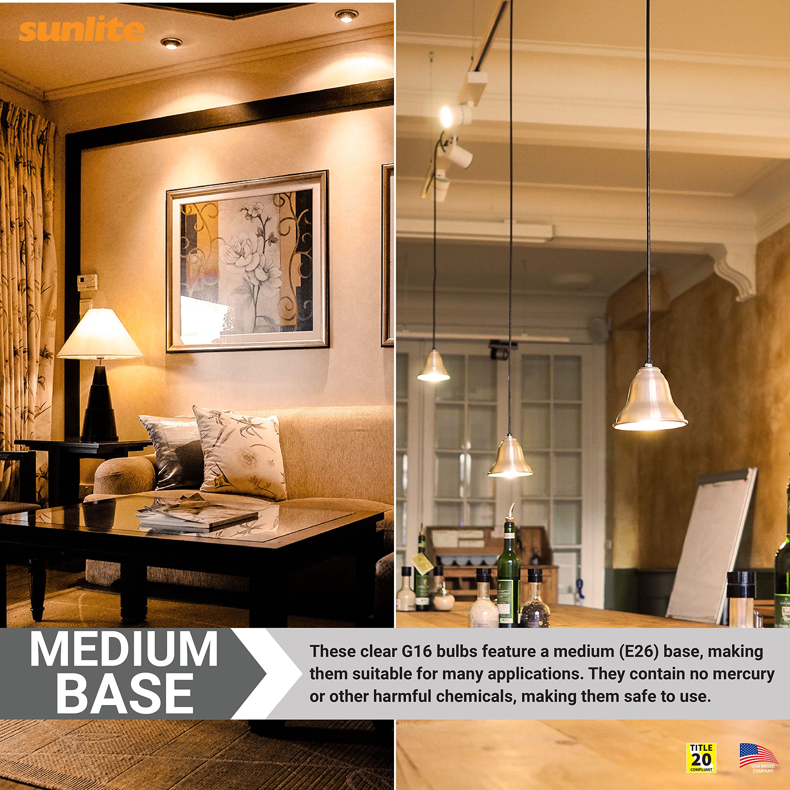 Sunlite 40137 G16 Globe Incandescent Light Bulbs, 25 Watts, Medium Base (E26), 120 Volt, Dimmable, 150 Lumens, Title 20 Approved
