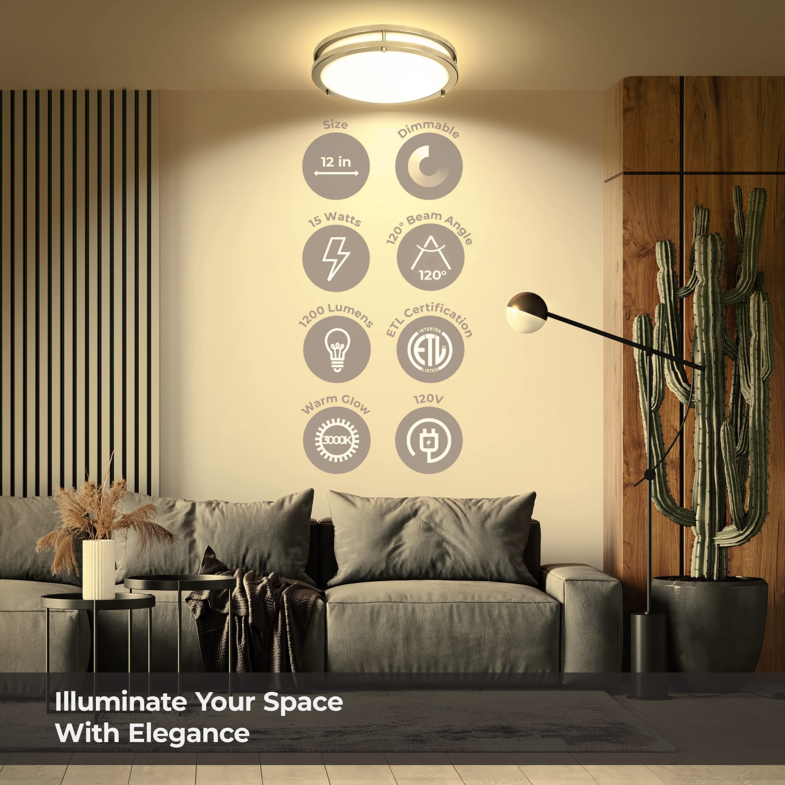 Light Blue USA LED Flush Mount Ceiling Light 12 inch 15W Dimmable 1200lm 3000K Warm White Brushed Nickel Model CL15-3K71-Dbl12D