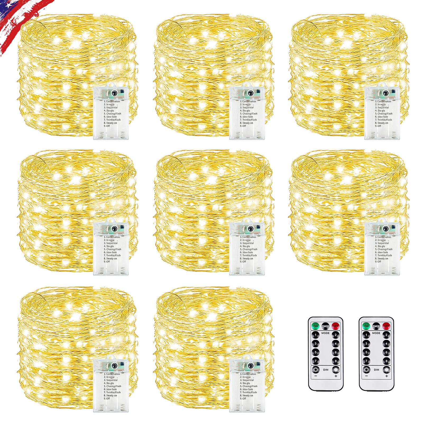 KAQ 8 Pack Fairy Lights 480LED Warm White Battery Operated with Remote, Waterproof, Cuttable String Light for Indoor/Outdoor Decor
