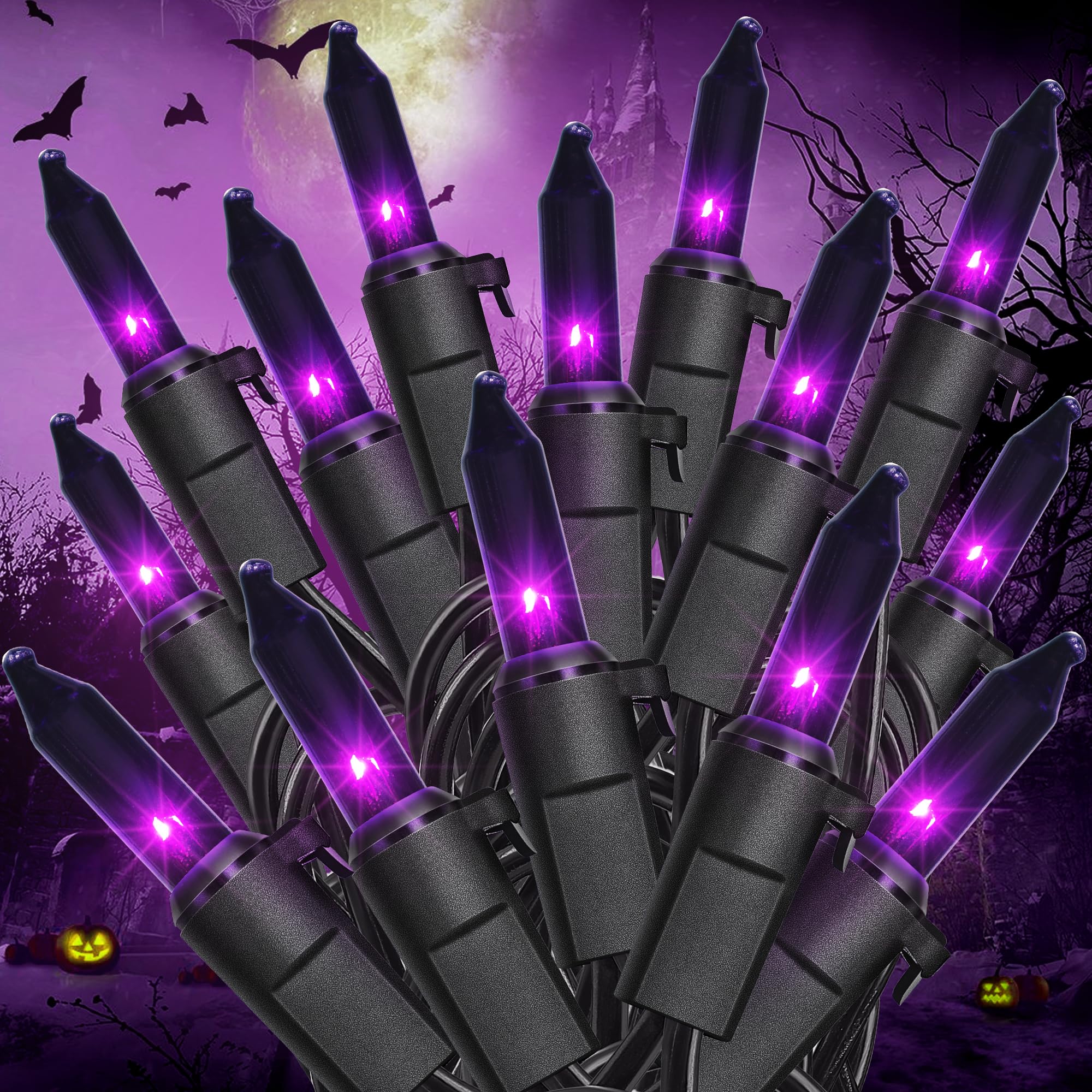 Hopolon Purple Halloween Lights 2Pack 13Ft 50Count Halloween Decorations Mini Purple String Lights With Black Wire Waterproof Ul Certified For Indoor Outdoor Christmas Tree Home Party Garden Holiday