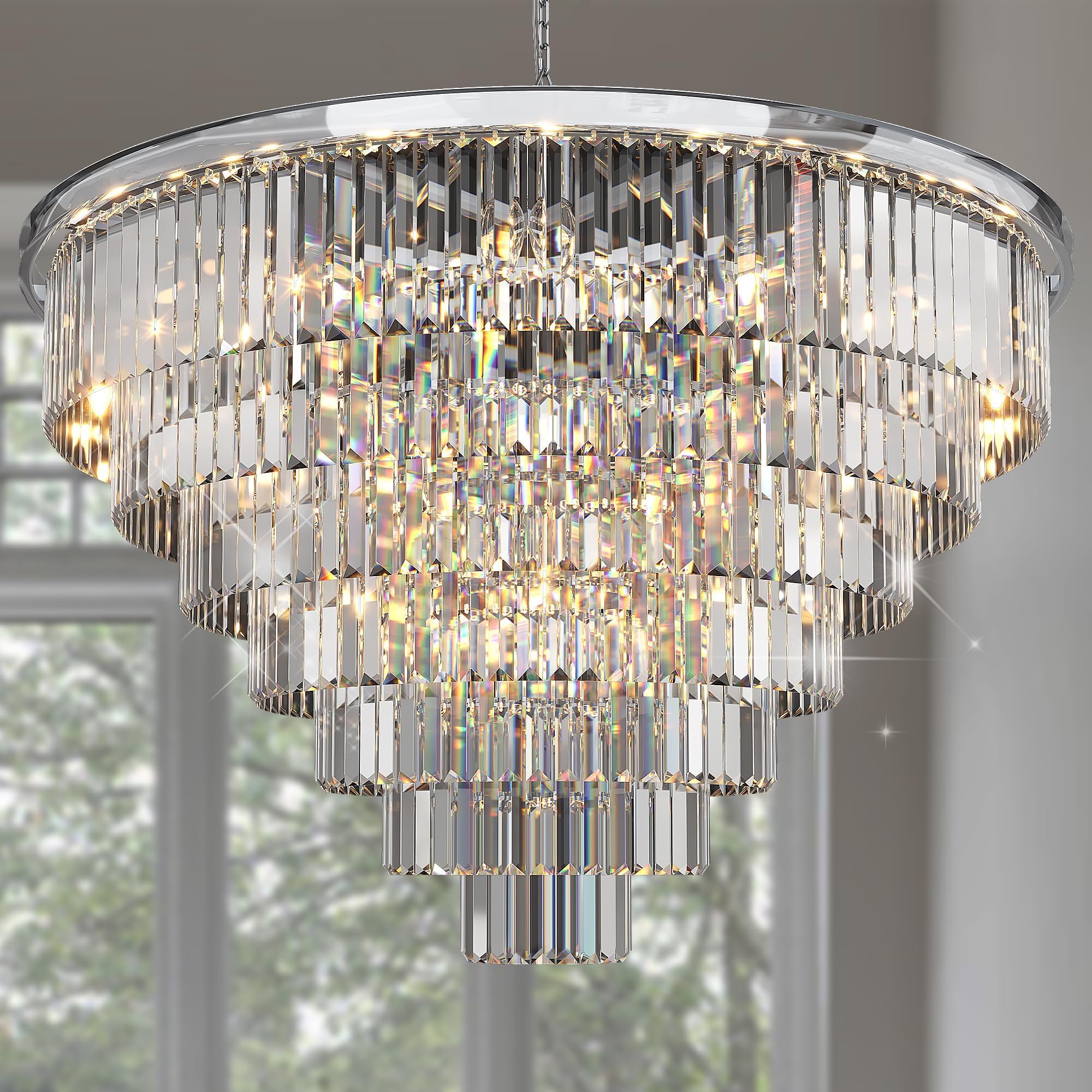 Meelighting Luxury Crystal Chrome Chandelier Lighting Modern Contemporary Chandeliers Pendant Ceiling Lamp Light Fixture 7-Tier For Dining Room Living Room Hotel Showroom (24 Lights) W39.4