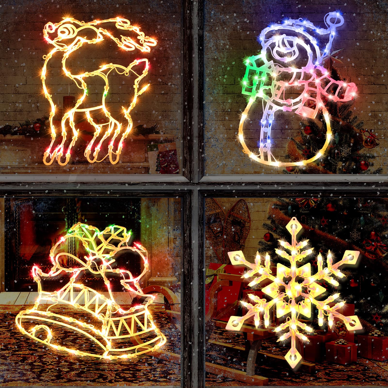 Minetom Christmas Window Silhouette Lights Decorations, Pack of 4, Snowflake, Snowman, Bell, Deer, Multicolor, Model 39124