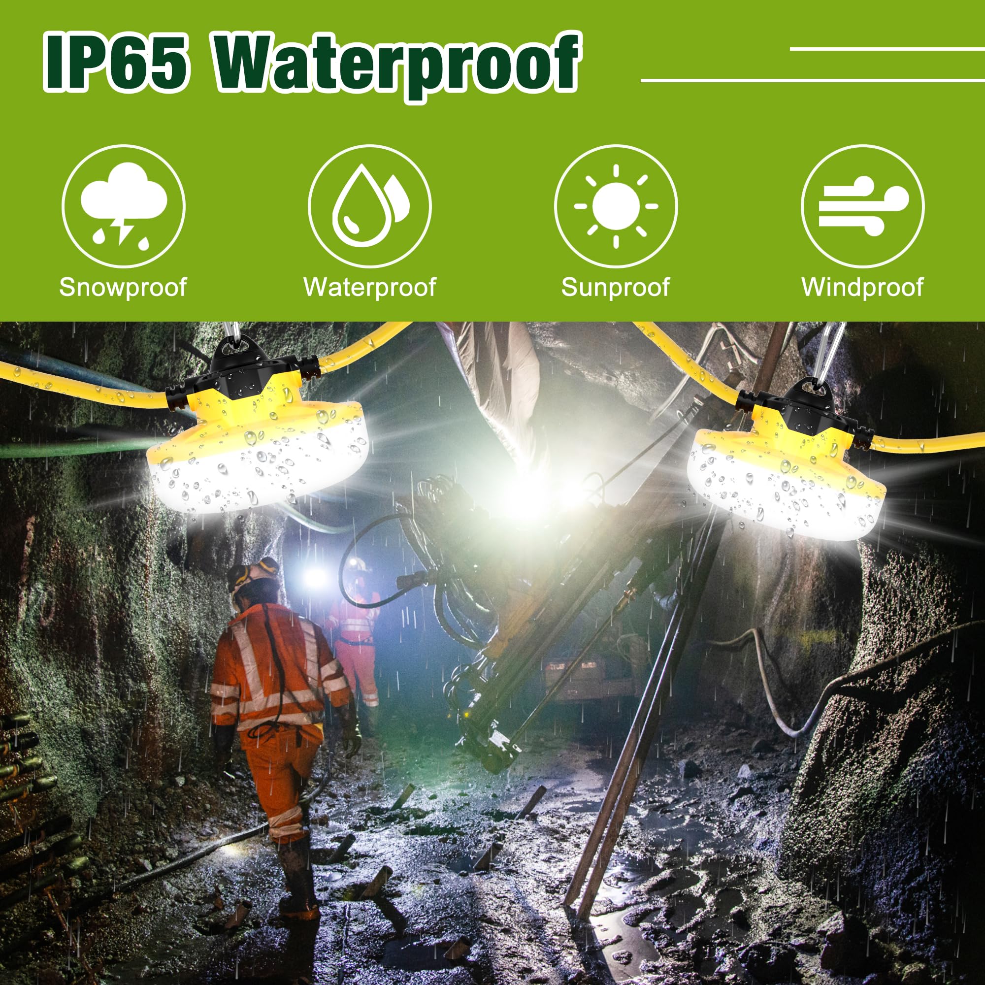 Yxl 65W 8000Lm Led Construction String Lights 50Ft Industrial String Work Lights, Ip65 Waterproof 18Awg Wire 5000K 123Lm/W Super Bright For Construction Sites Temporary Work Jobsites Outdoor Lighting