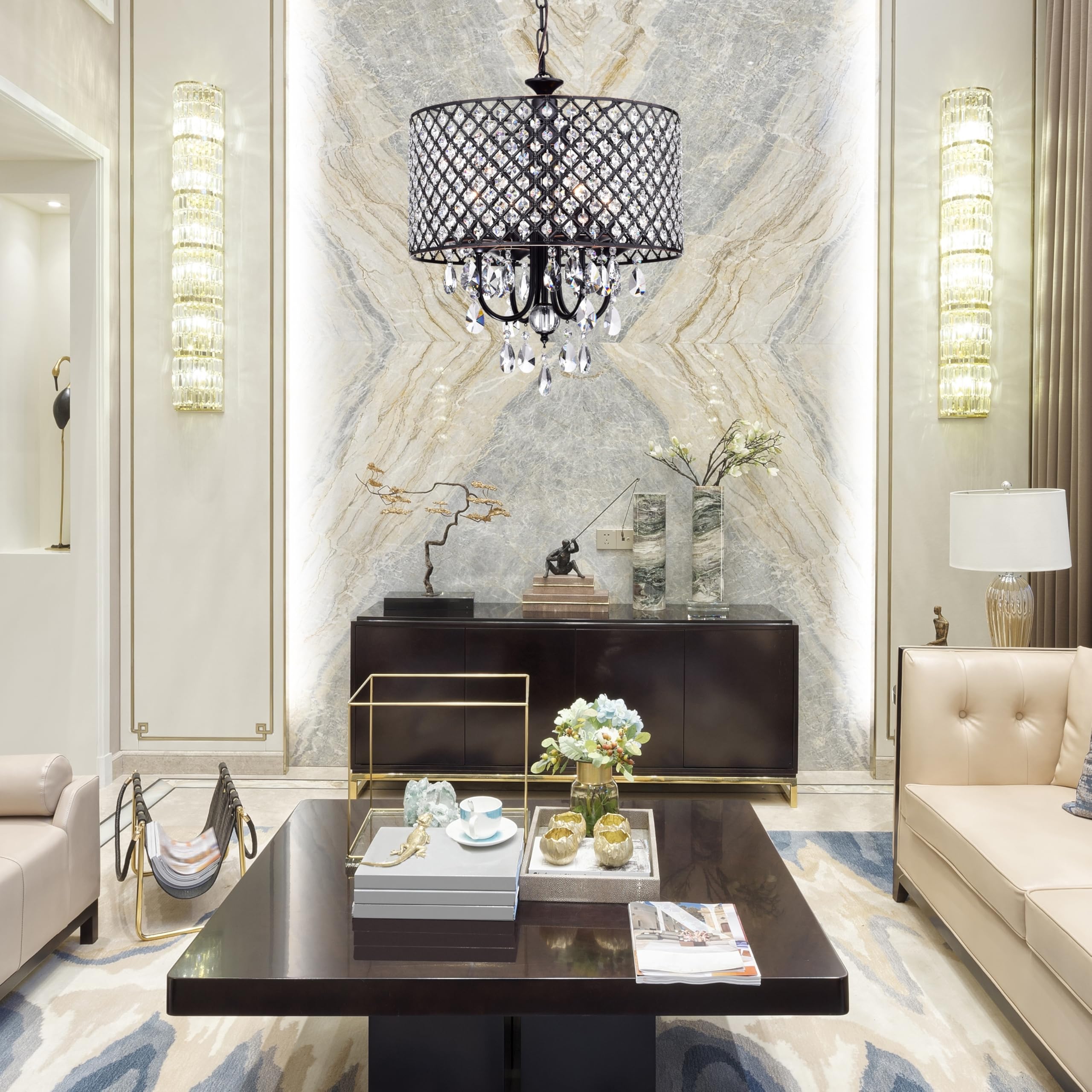 Edvivi Marya 4-Light Drum Crystal Chandelier, Oil-Rubbed Bronze, Adjustable Ceiling Light For Dining Room, Living Room, Bedroom