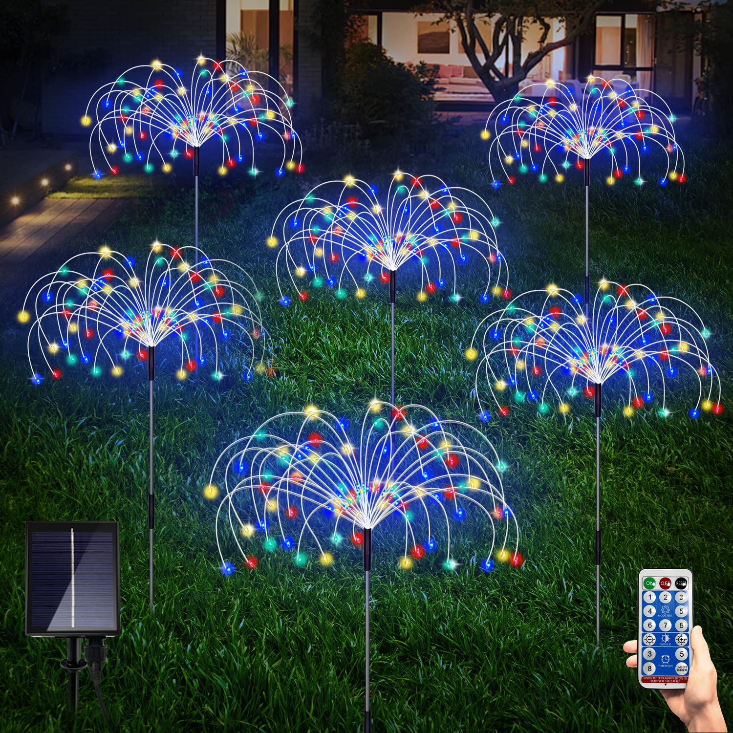 6 Pack Solar Garden Lights Outdoor, Firework Lights 8 Modes with Remote DIY Outdoor Decor,120 LED Waterproof Garden Fireworks Lamp, Landscape Outdoor Light for Pathway Backyard Lawn (Warm White)