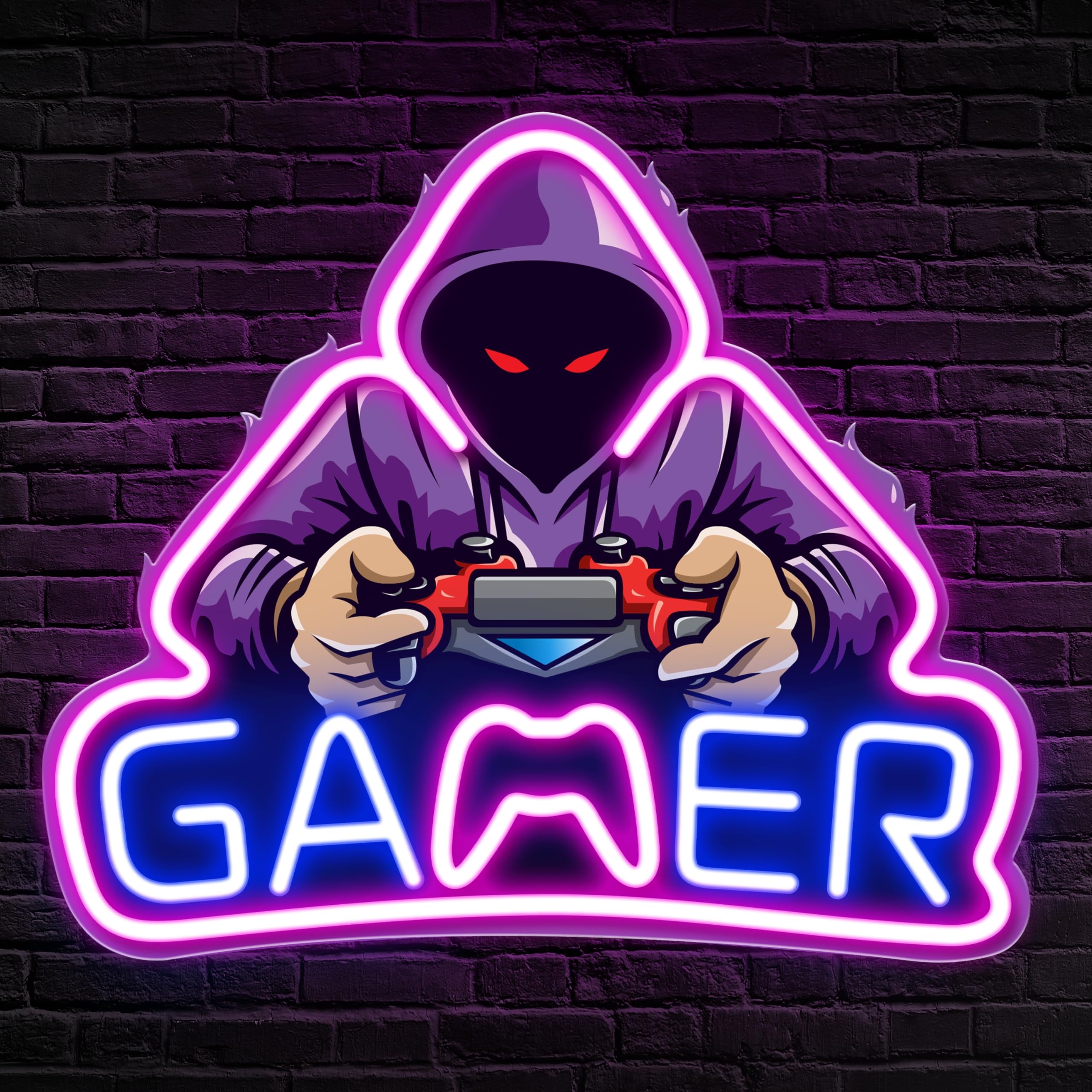 Kavaas Gamer Neon Sign - UV Printed LED Wall Decor for Gaming Room, 15.35 x 13.1 inches, B_Gamer Hacker Color