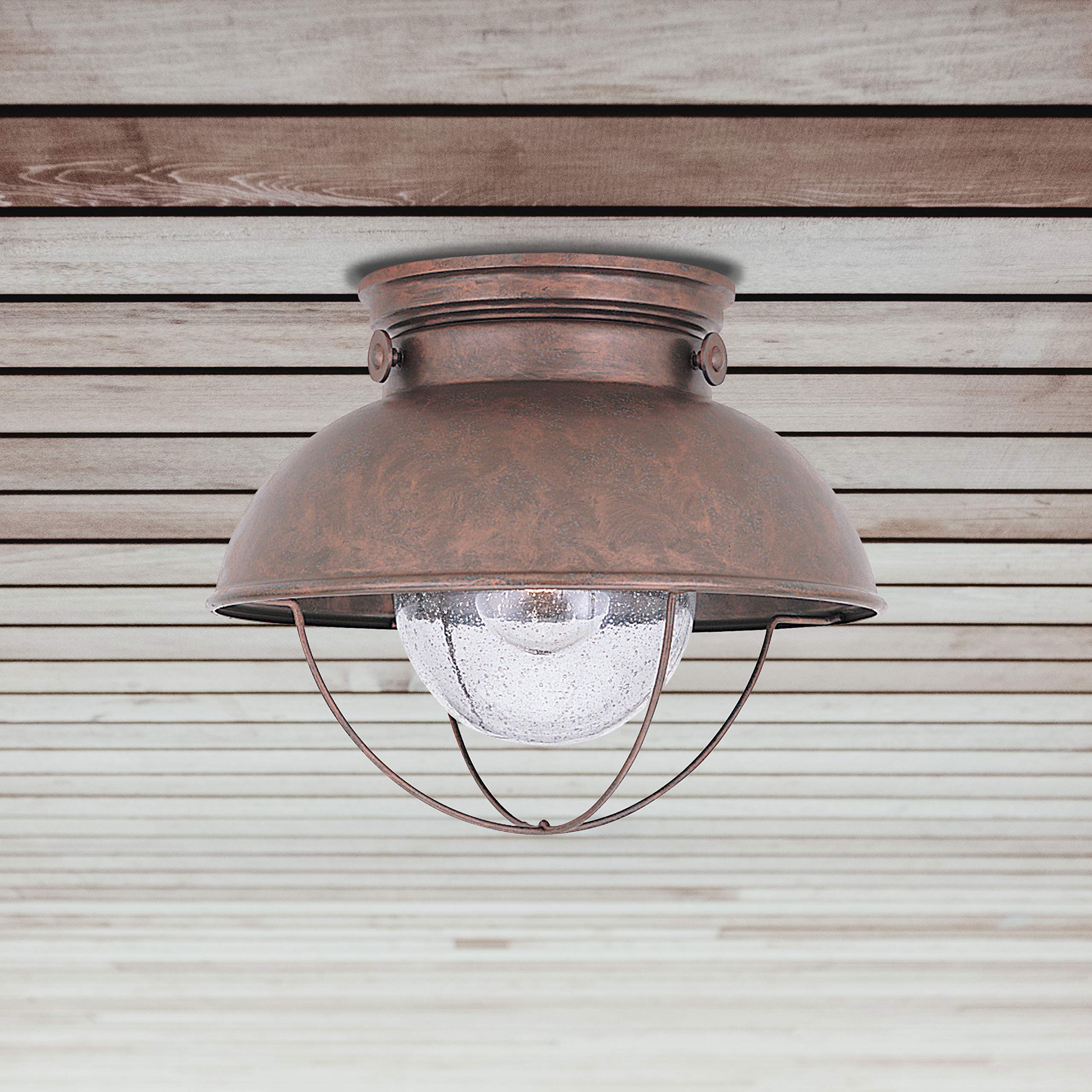 Sea Gull Lighting One-Light Outdoor Flush Mount Ceiling Light, Clear Seeded Glass, Weathered Copper Finish, Model 8869-44