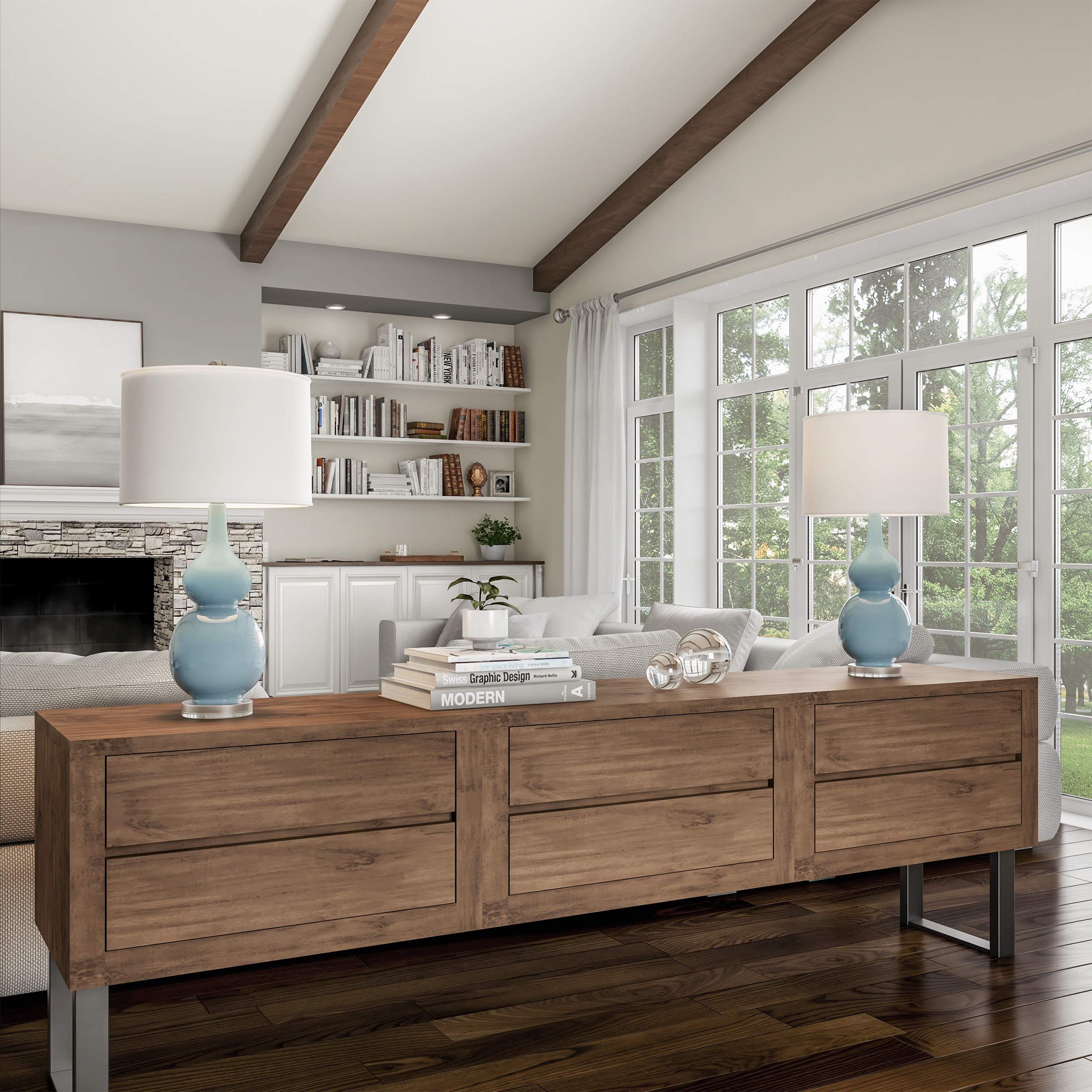 Lavish Home Set Of 2 Ceramic Table Lamps - Double Gourd Vintage Style Lights For Bedroom, Living Room, Or Office With Efficient Led Bulbs (Blue)