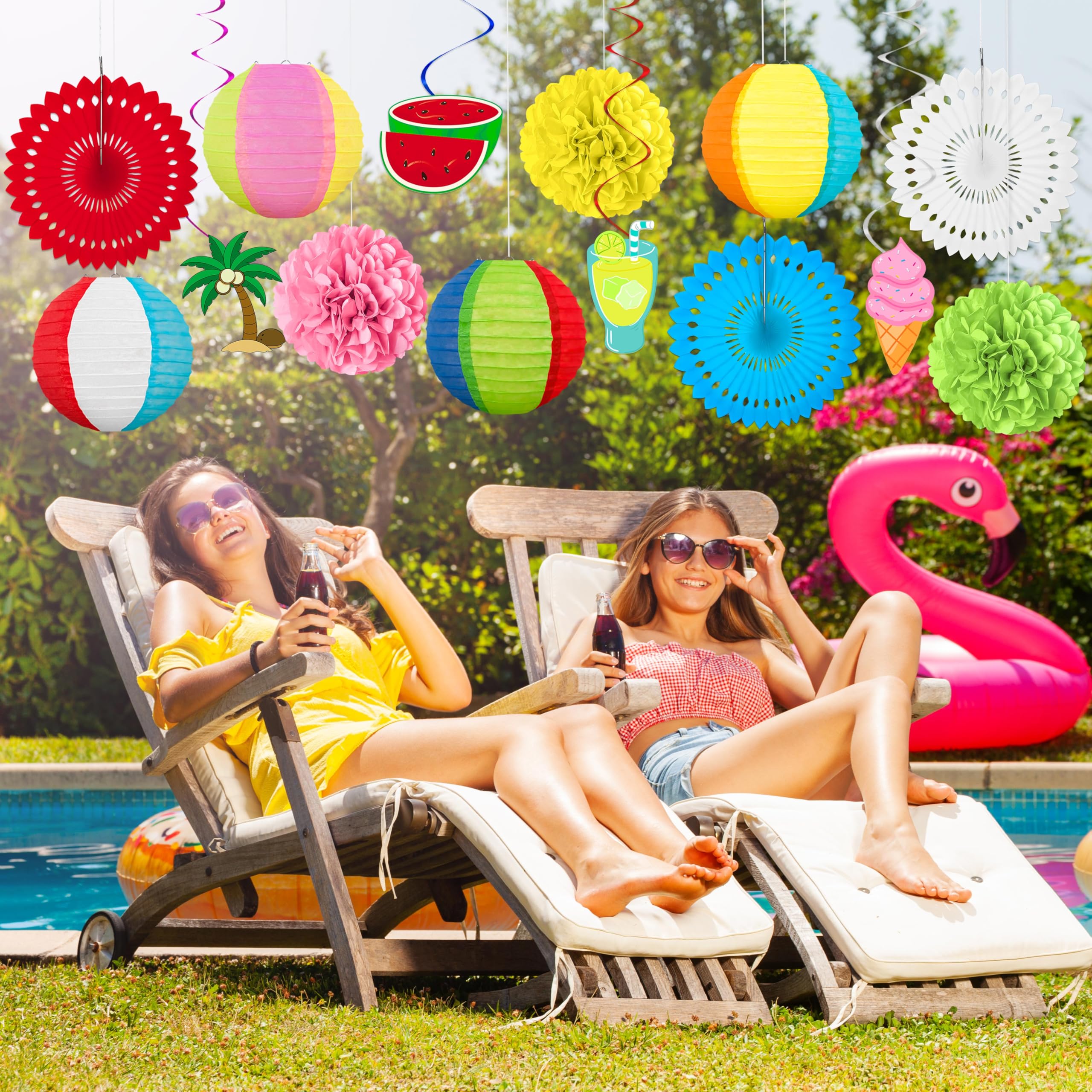14Pcs Beach Party Decorations Paper Lanterns Fans Pom Poms Hanging Swirls - Luau Pool Summer Hawaiian Tropical Themed Decor For
