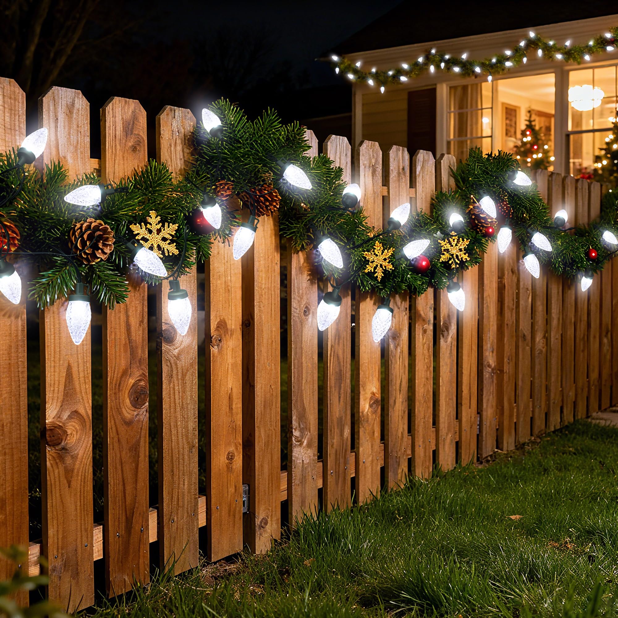 Ucutely C9 Led Christmas Lights Outdoor 33 Feet 50 Led 8 Lighting Modes Waterproof Connectable Christmas String Lights For Outside Roofline Patio Home Xmas Decorations (Cool White)