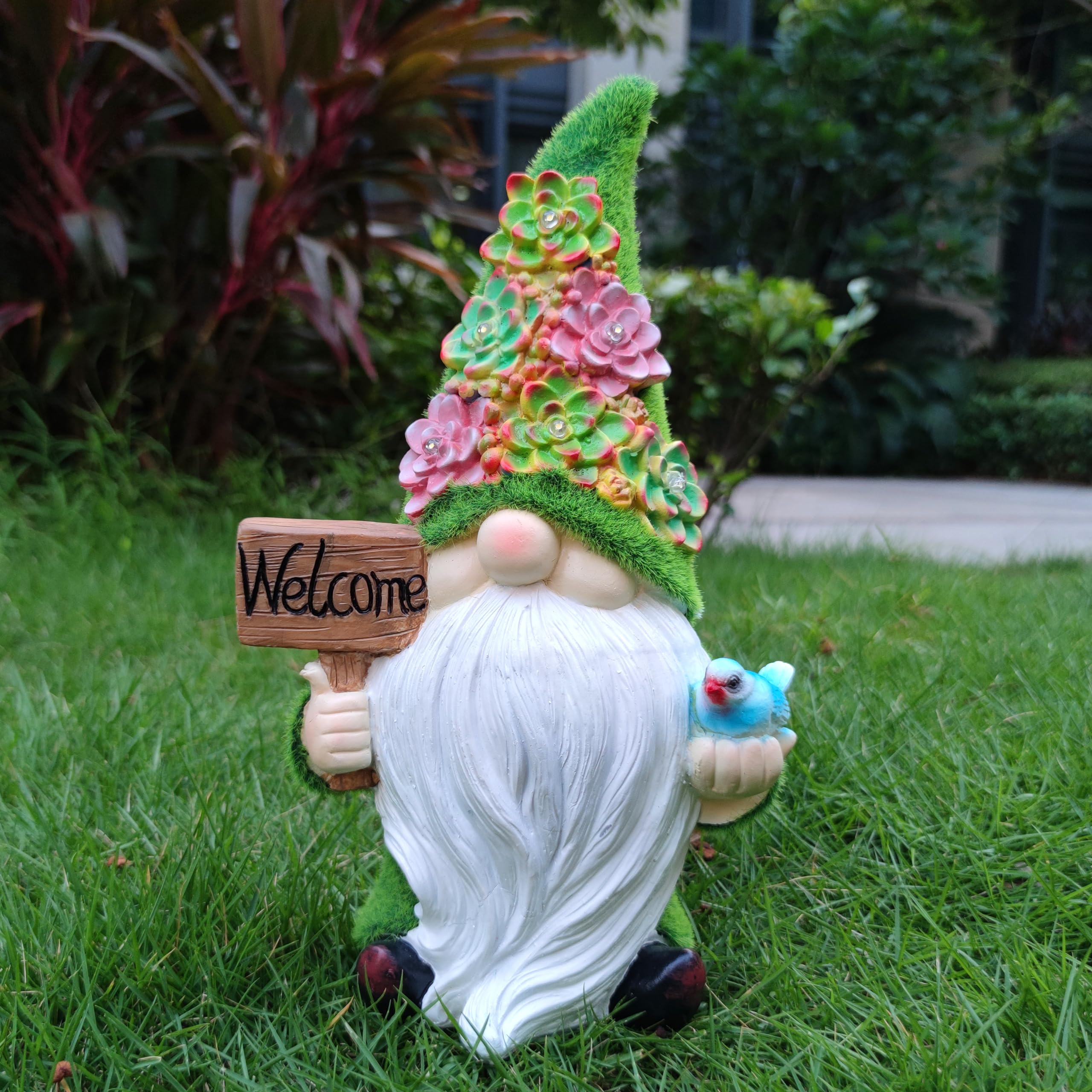 Vioyouns Solar Gnomes Garden Statues Resin Gnome Figurine Holding Welcome Card And Bird With Solar Lights  Outdoor Gnomes Decorations For Yard Patio Lawn Porch  Garden Gifts