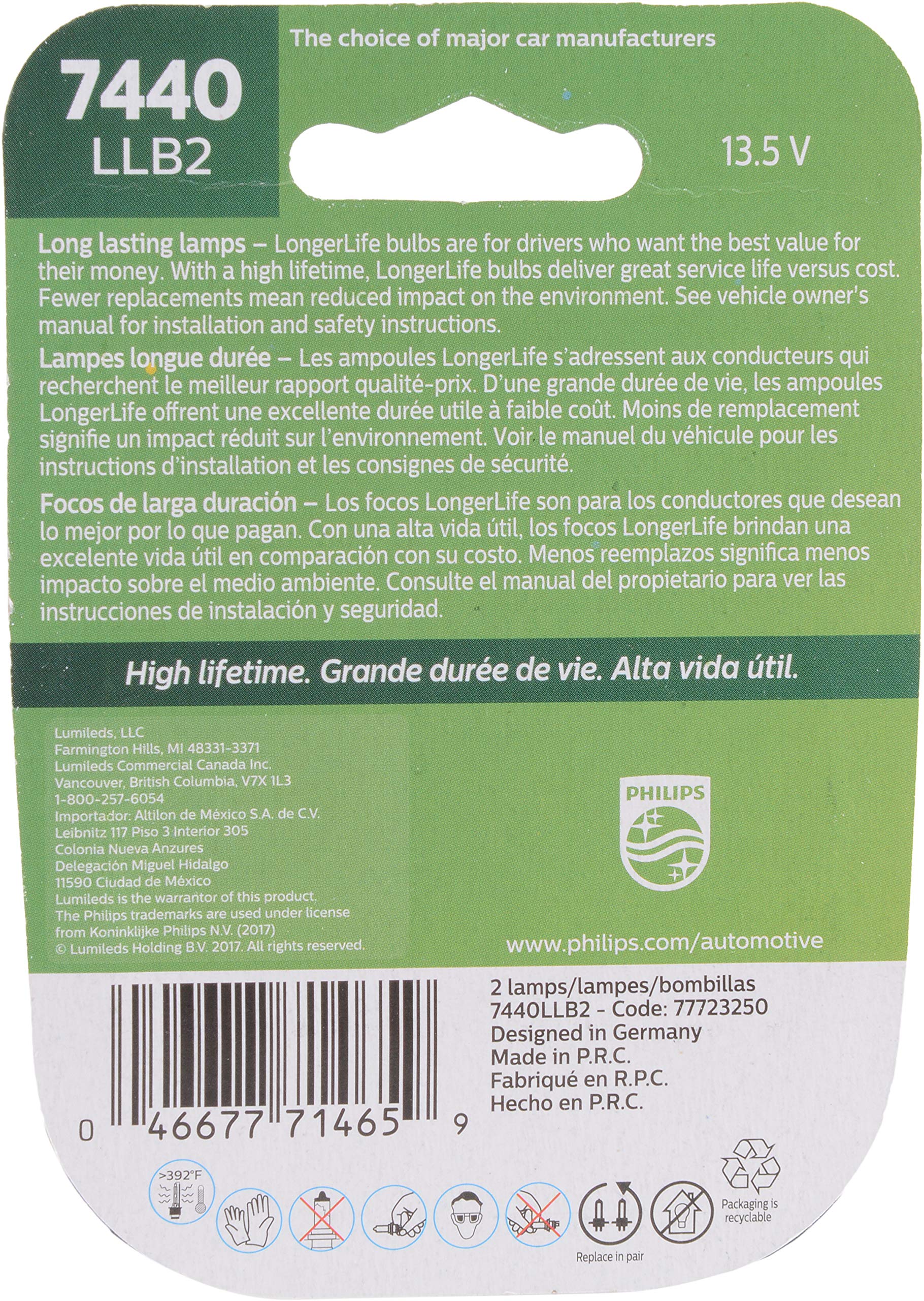 Philips 7440LLB2 7440 LongerLife Miniature Bulb, 2 Pack