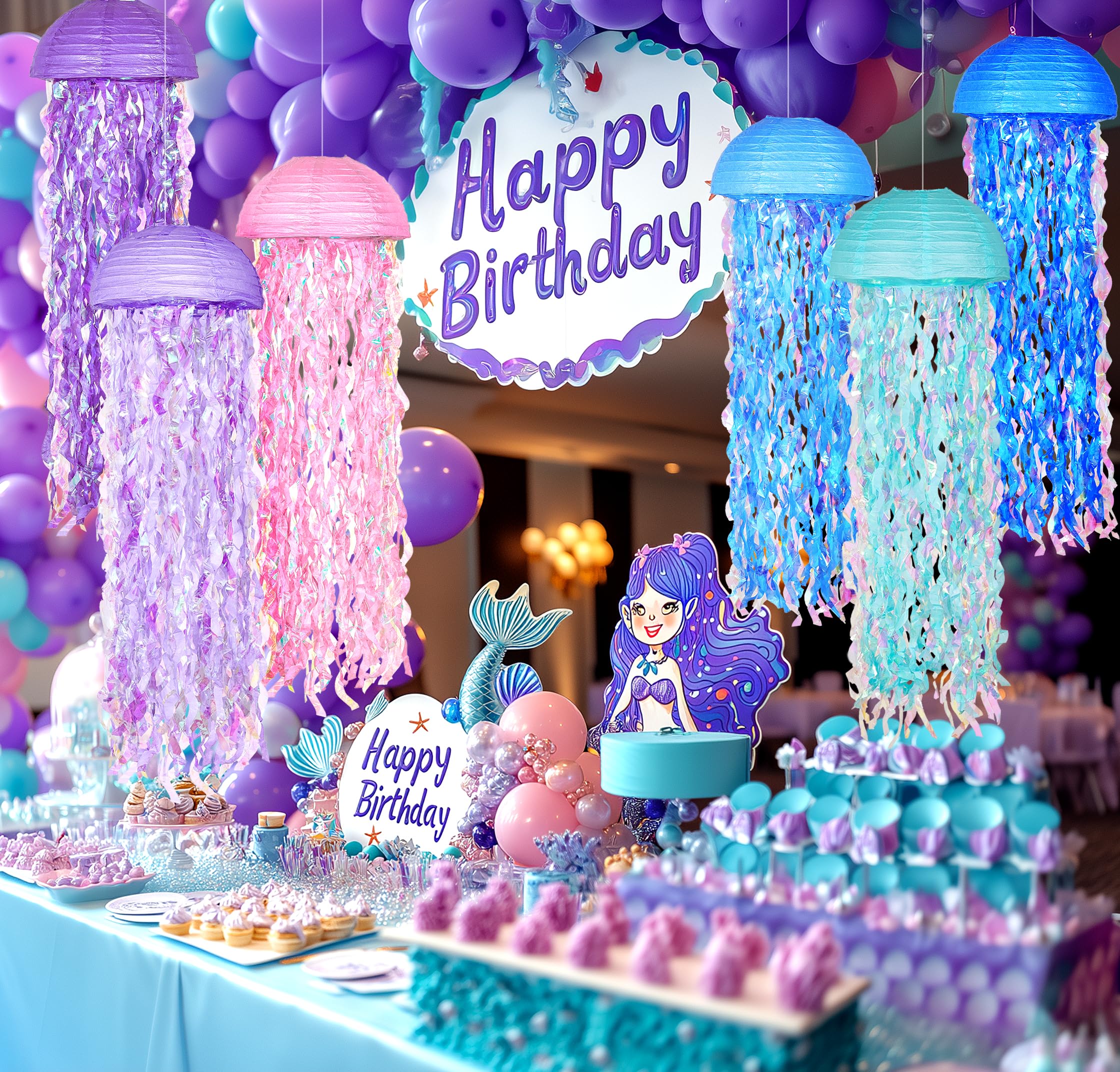 Obxt Hanging Jellyfish Lanterns Multi-Color 6 Pack - Ocean-Themed Decor For Under The Sea Mermaid Birthday Party Classroom & Vbs