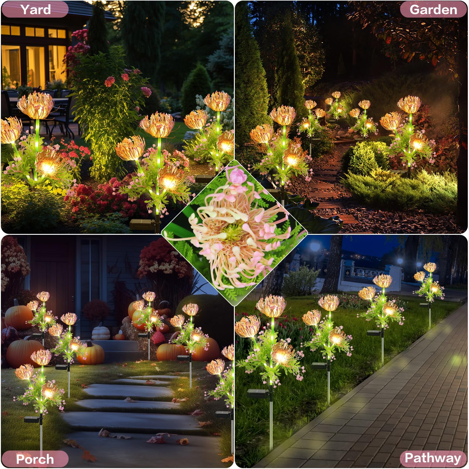 Syouhome 4-Pack 12 Head Solar Flowers Lights  Waterproof Solar Garden Lights Outdoor For Christmas  Flower Lights With Glowing Stems  For Flowerpot Yard Pathway Balcony Patio Garden Decor