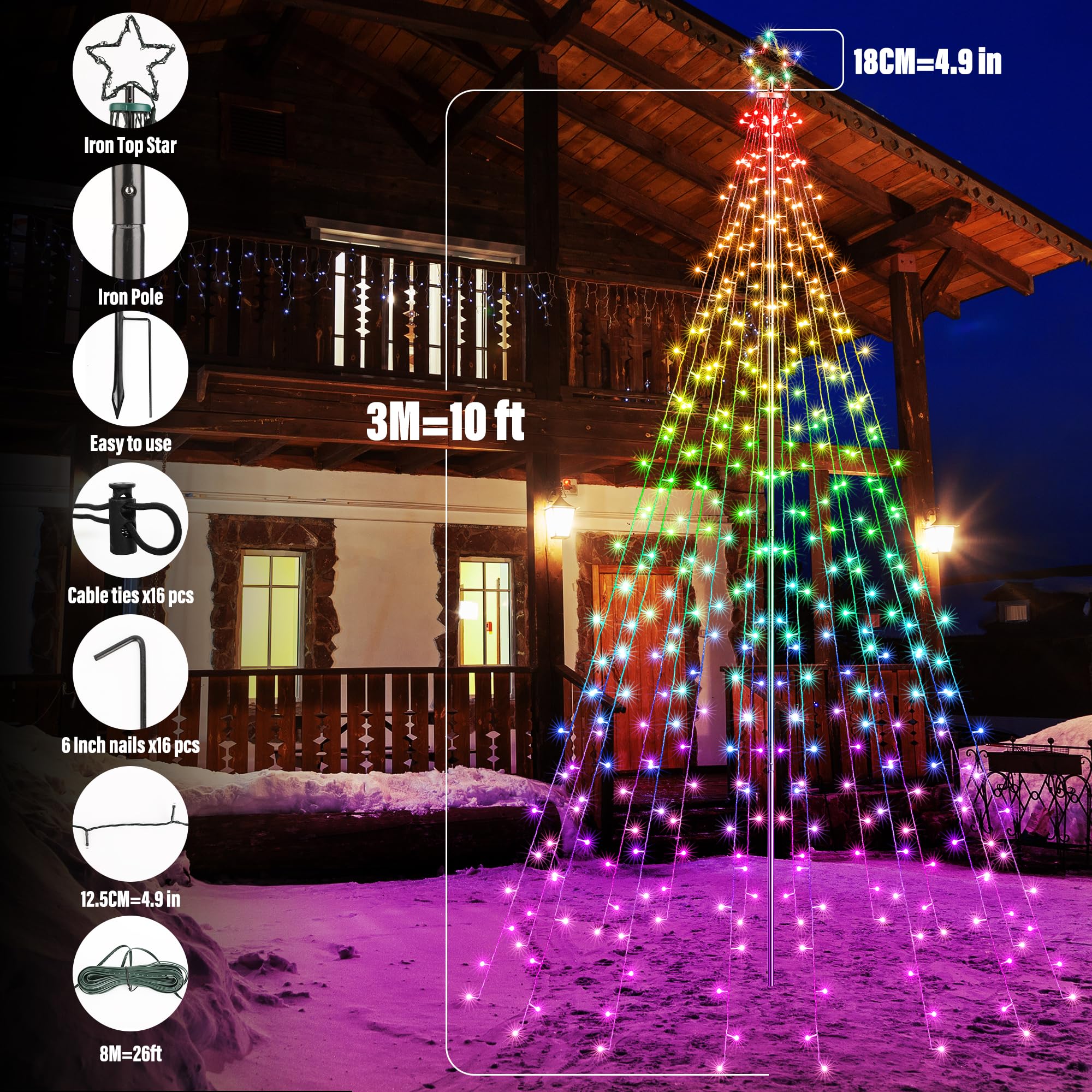 Flacchi Outdoor Star String Lights - 10FT RGB Waterproof Pole Set with Remote, Timer & Multiple Modes (Model: SSL0408-C-D-29V)