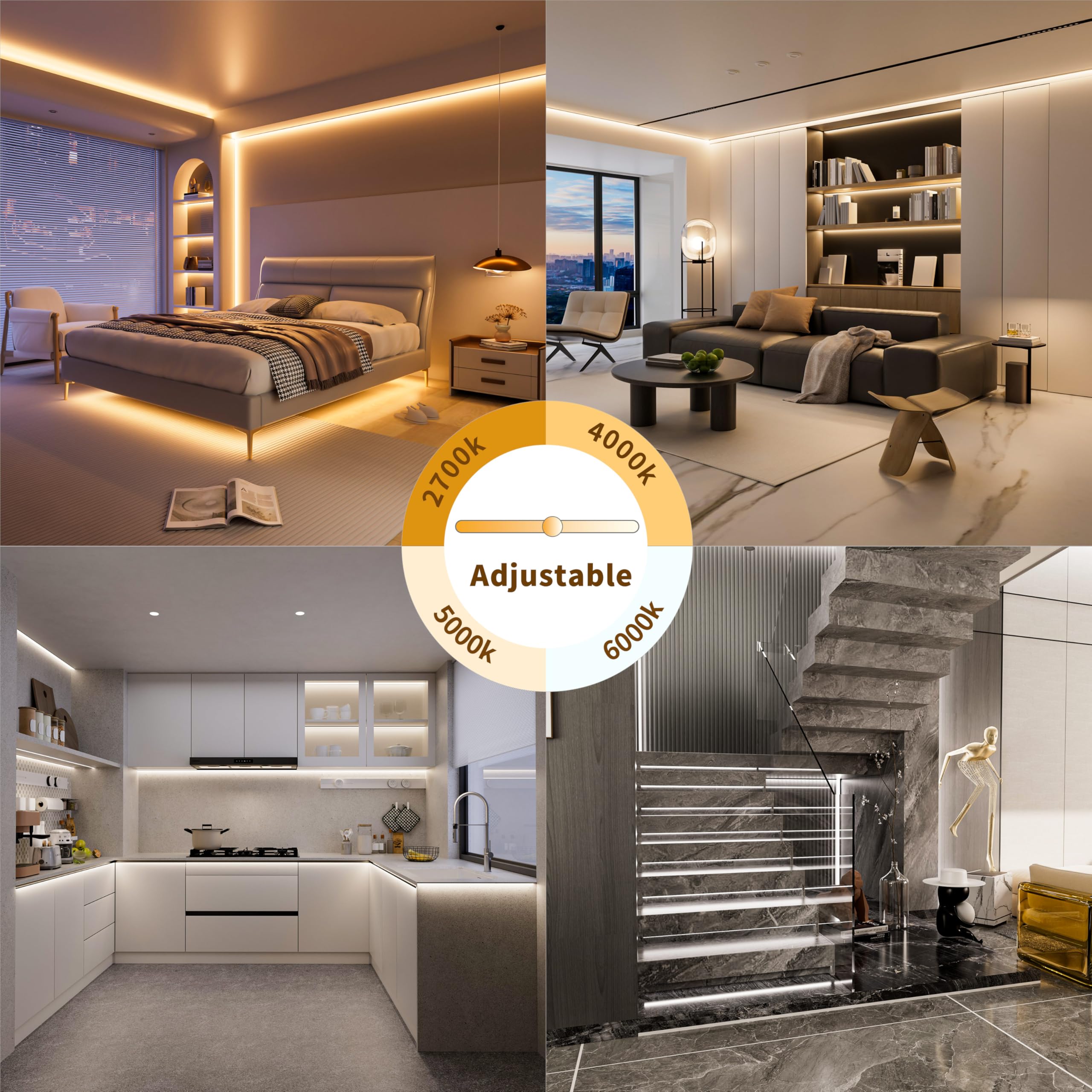 Miwise Cct Cob Led Strip Light Tunable White 20Ft/6.1M Dimmable 2700K-6500K Cri90+ 24V Led Tape Light For Under Cabinet Bedroom Kitchen Diy Lighting(Power Supply & Controller Not Included)