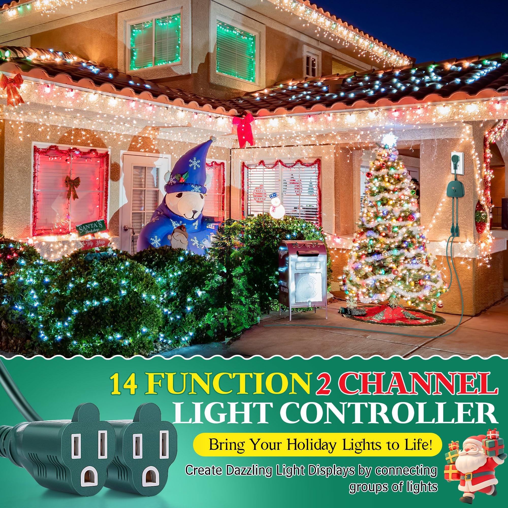 Gulfmew Christmas Light Controller, 2 Channel, 14 Functions, Remote, Dusk to Dawn Sensor, Green, Model TD-Gulfmew-1065
