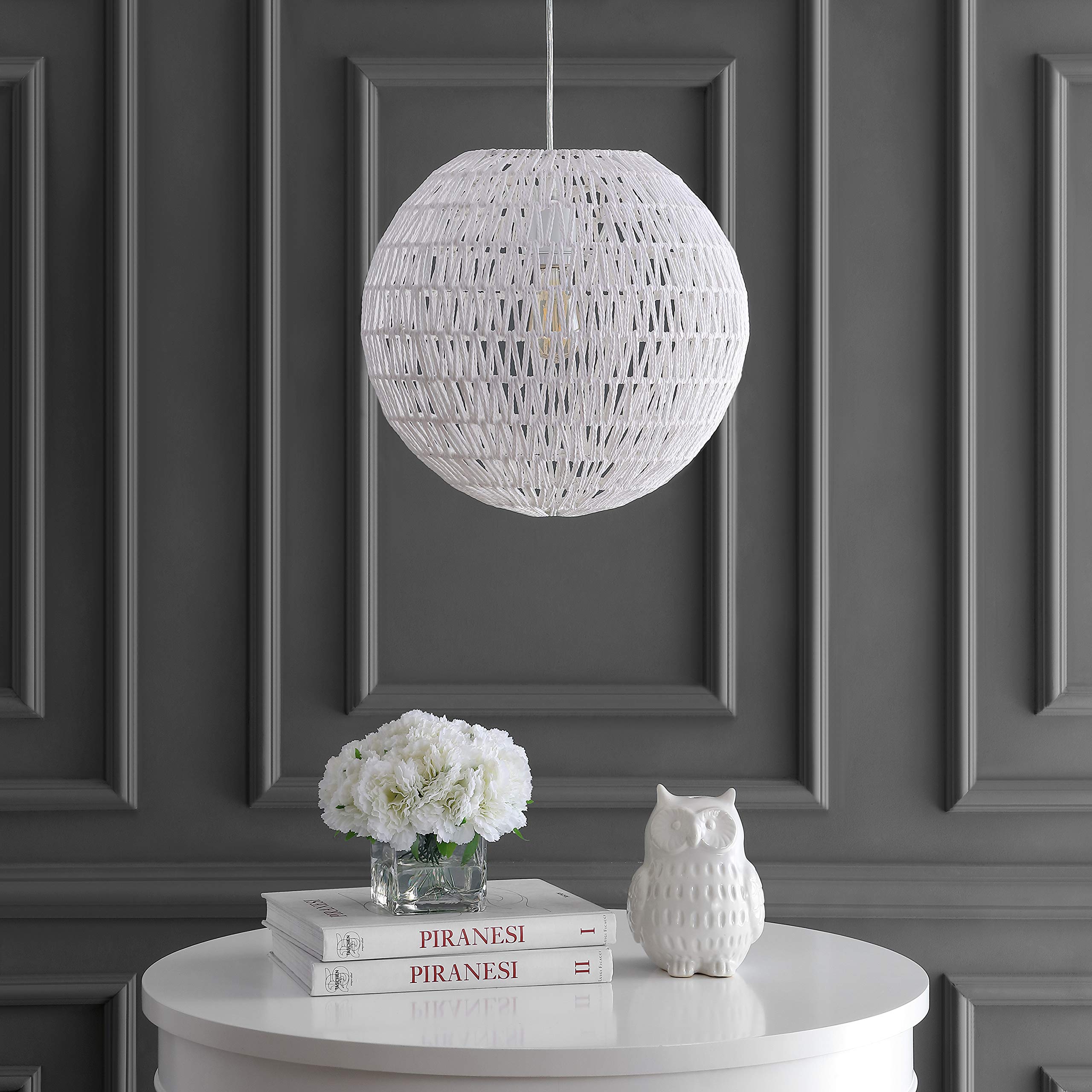 JONATHAN Y Luna Pendant Light, 15.7in Woven Rattan, Dimmable, Adjustable, White, Model JYL6503A