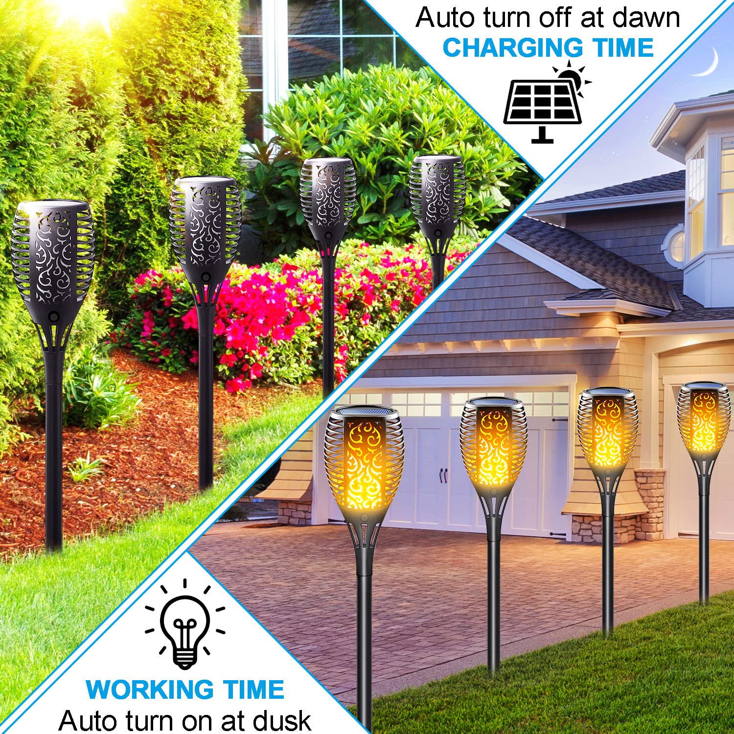 LazyBuddy Solar Torch Light - 8 Pack, Black, IP65 Waterproof, Flickering Flame Effect, Ideal for Garden and Patio Decor