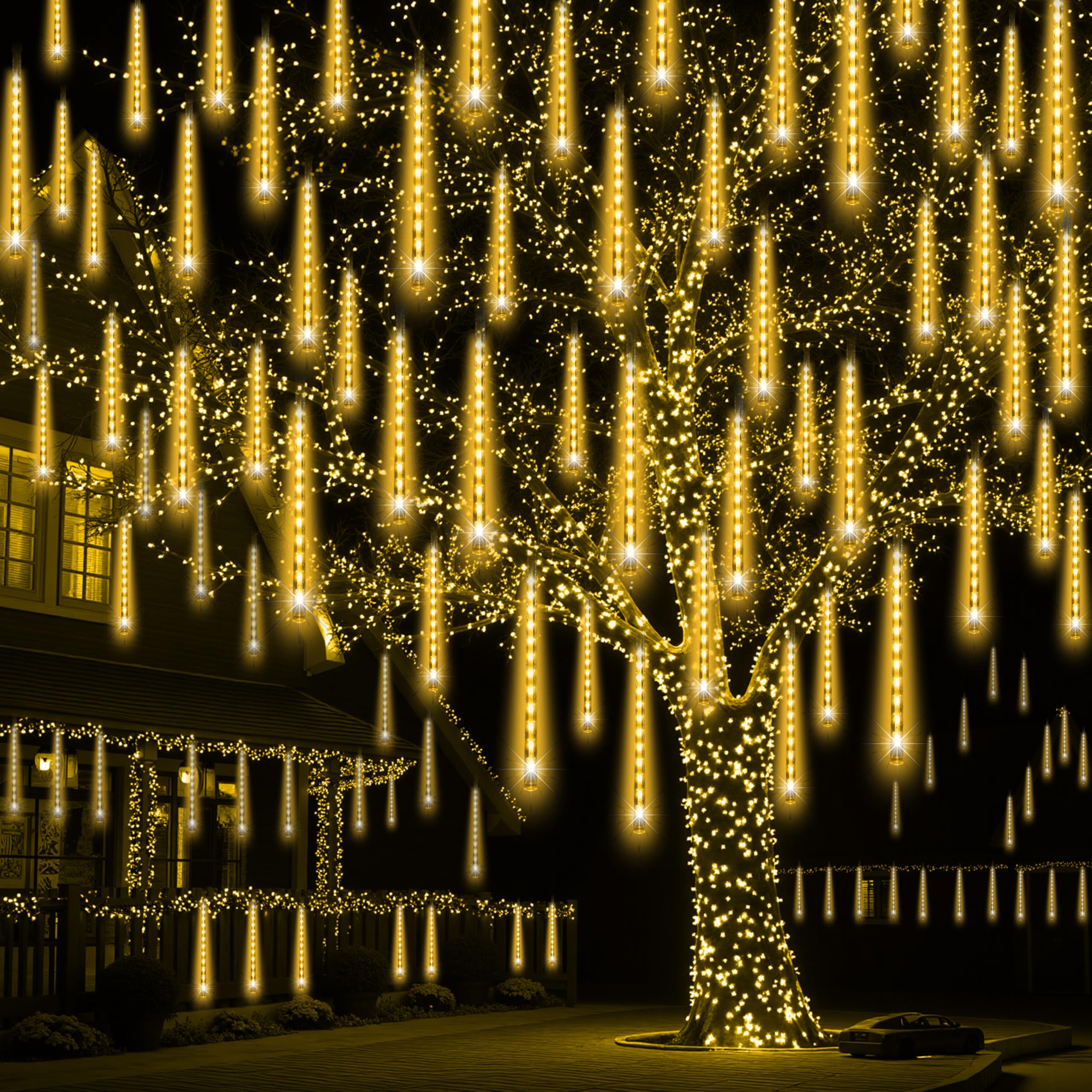 JOYIN Christmas Lights Outdoor 8 Tubes Meteor Shower Lights Warm White 192 LEDs  Snowfall Icicle Cascading Rain Light for Christmas Tree Decorations  Wedding Party Holiday Decor