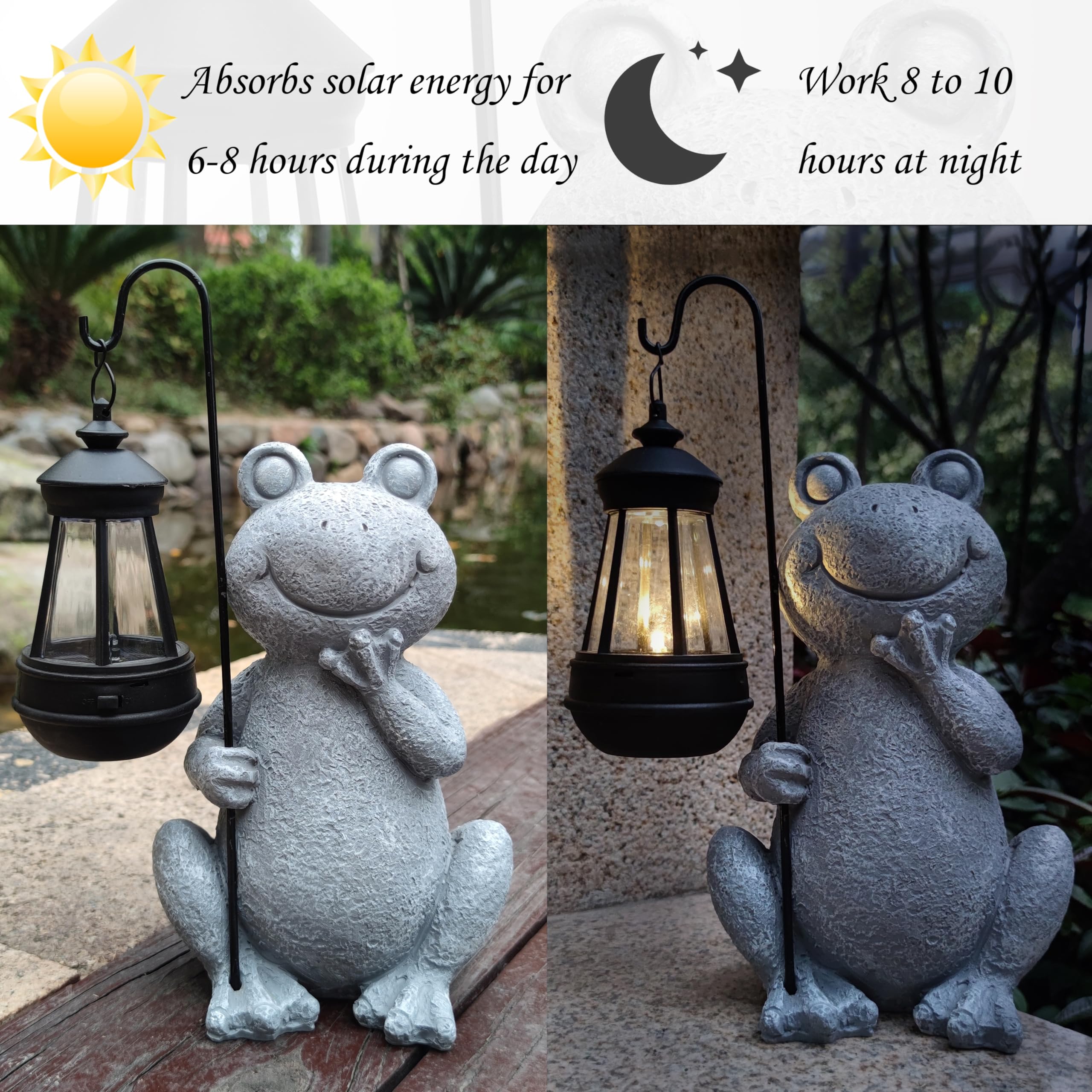 Qobumy Frog Solar Garden Statue, Resin Frog Figurine Decoration With Solar Lights, Outdoor Lawn Garden Statue, Balcony Ornament,