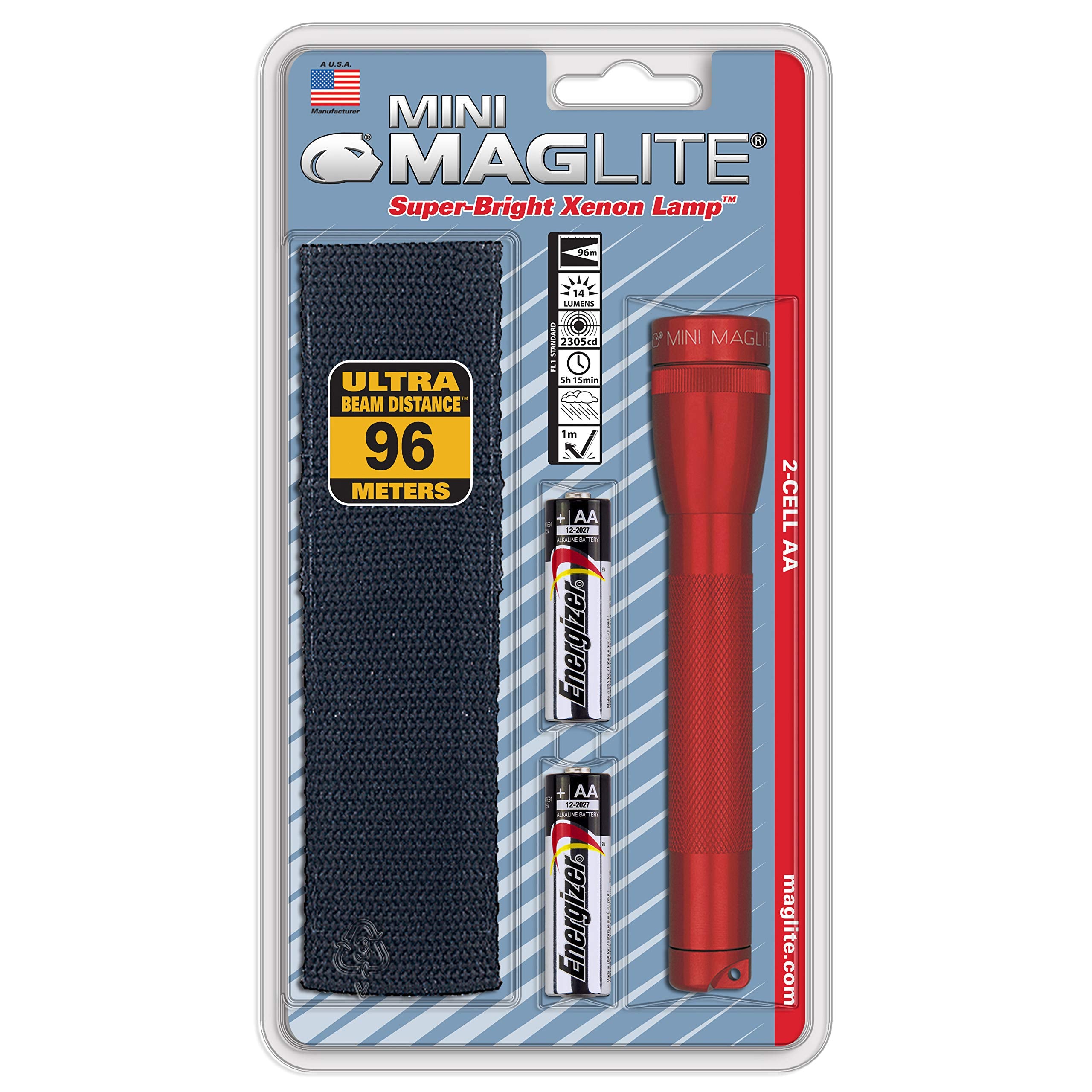 Maglite Mini Incandescent 2-Cell Aa Flashlight With Holster, Red