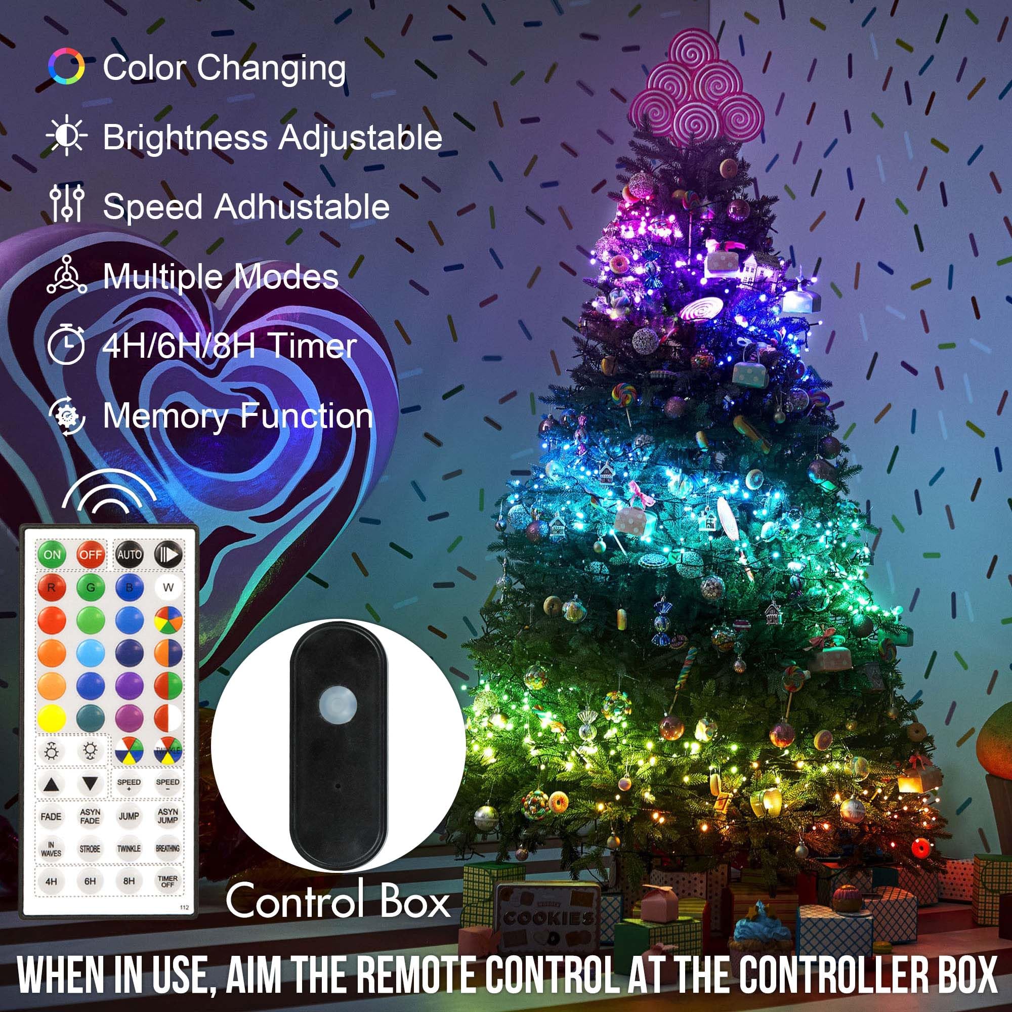kemooie 164 FT LED Christmas Lights Outdoor, RGB Color Changing with Remote & APP Control, Green Wire, Model HB-500COI