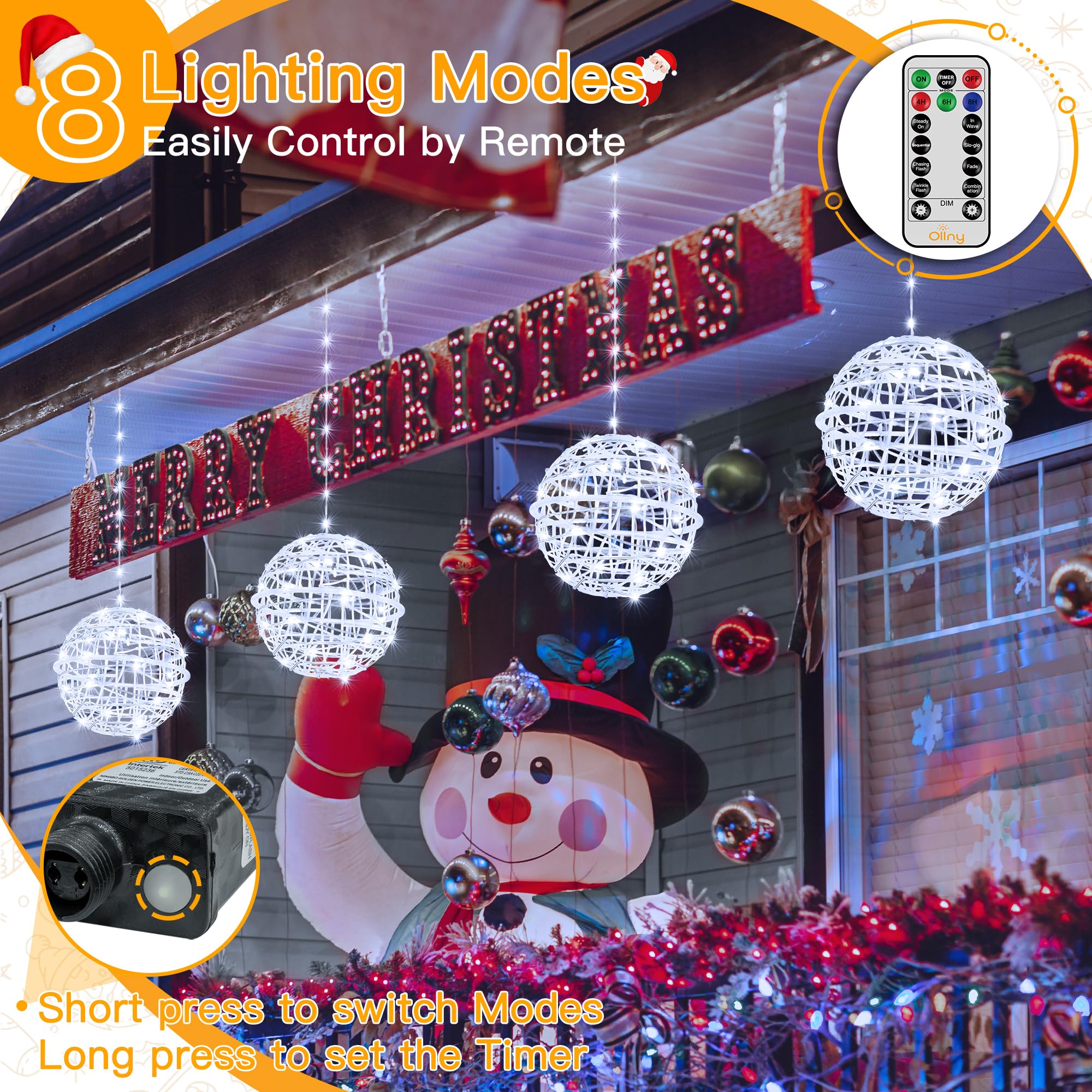 Ollny Christmas Lights Outdoor 4Pack 7.87Inch, Cool White 200 Led Ball Light With Plug In Remote, 8 Modes Ip67 Waterproof Connec