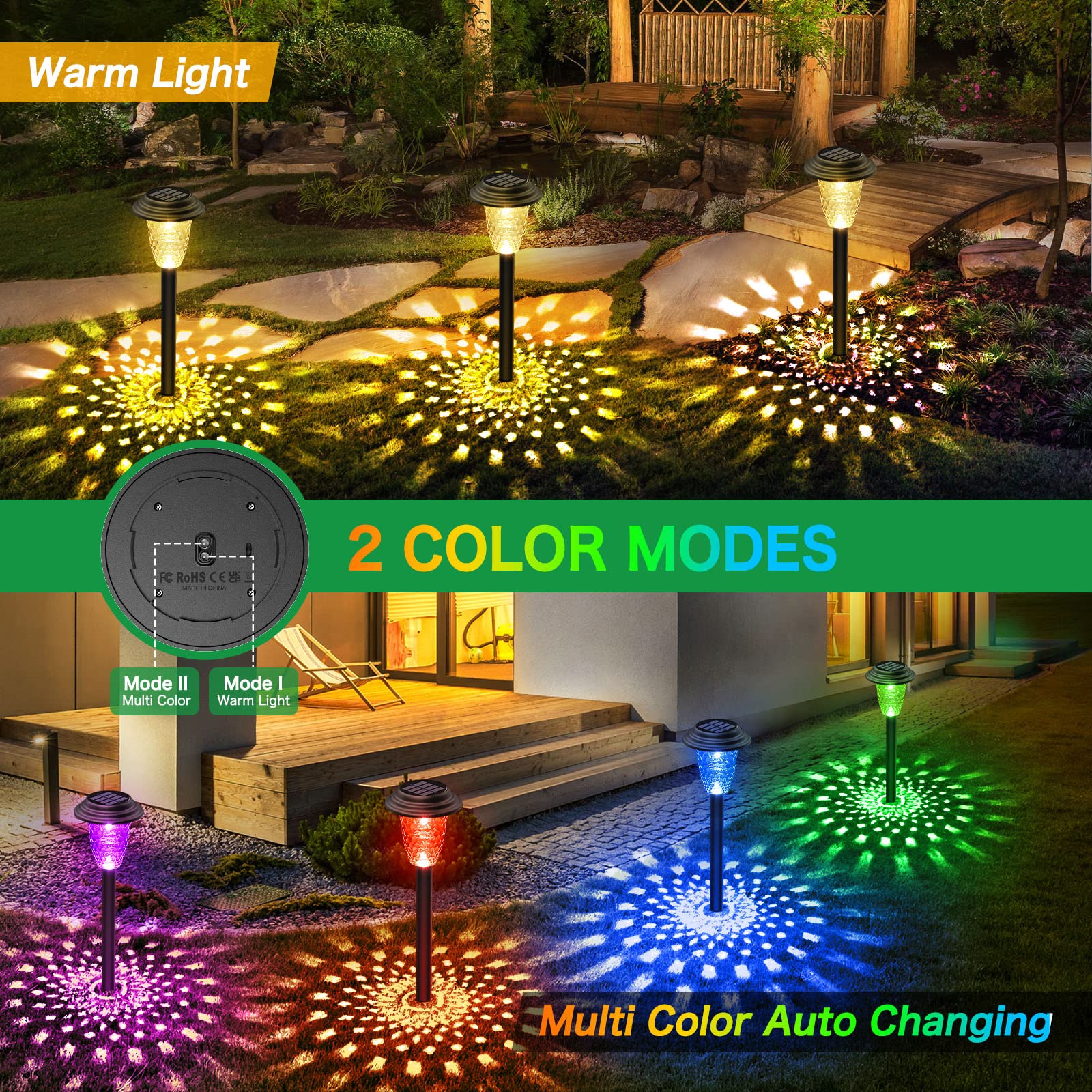 Ensli 8 Pack Solar Pathway Lights - Color Changing & Warm White, Waterproof Garden Lights