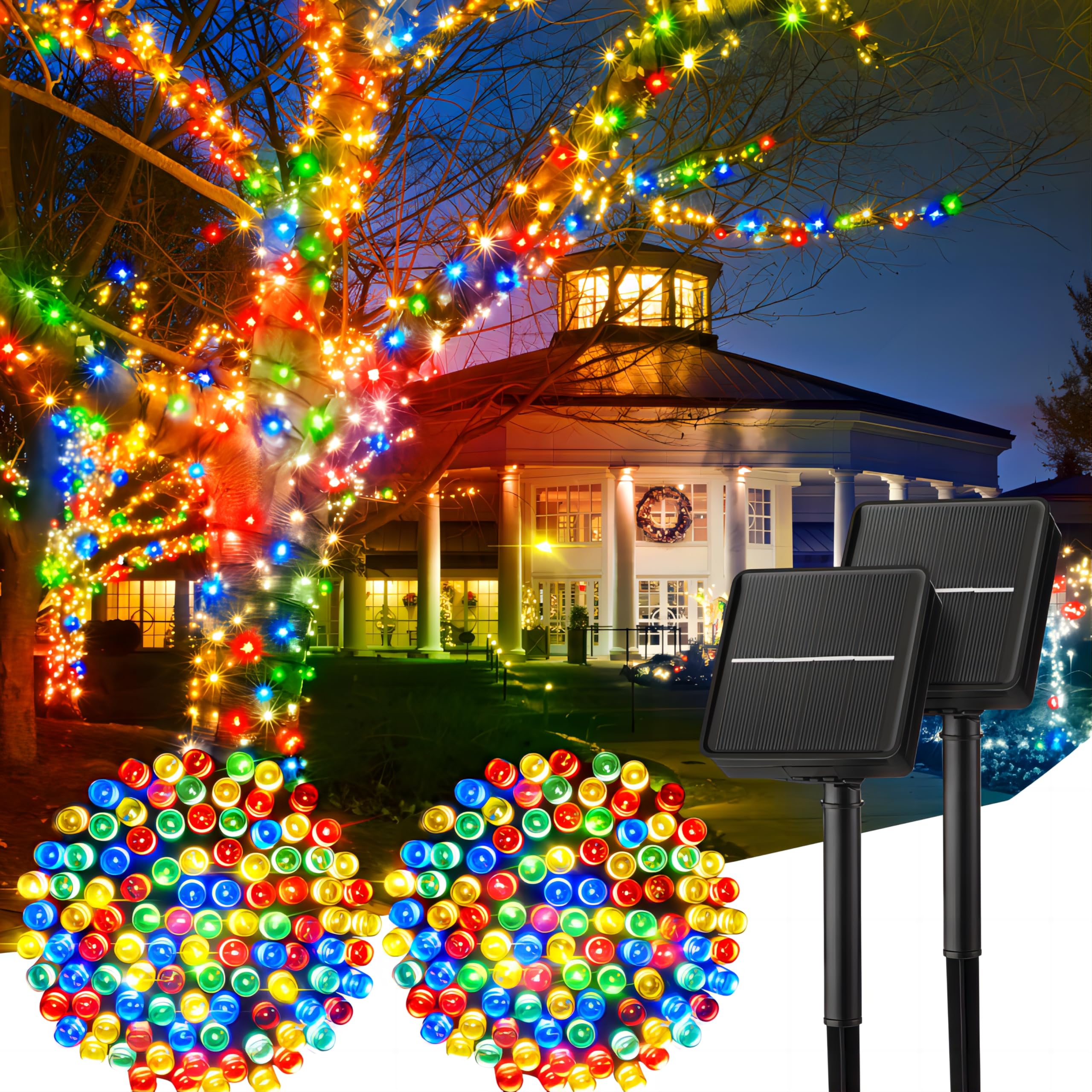 Minetom Christmas Lights Outdoor Solar Powered - 72FT 200 LED Christmas String Lights with 8 Lighting Modes, IP65 Waterproof Solar String Lights for Outside Tree Xmas Party Decoration, Multicolor