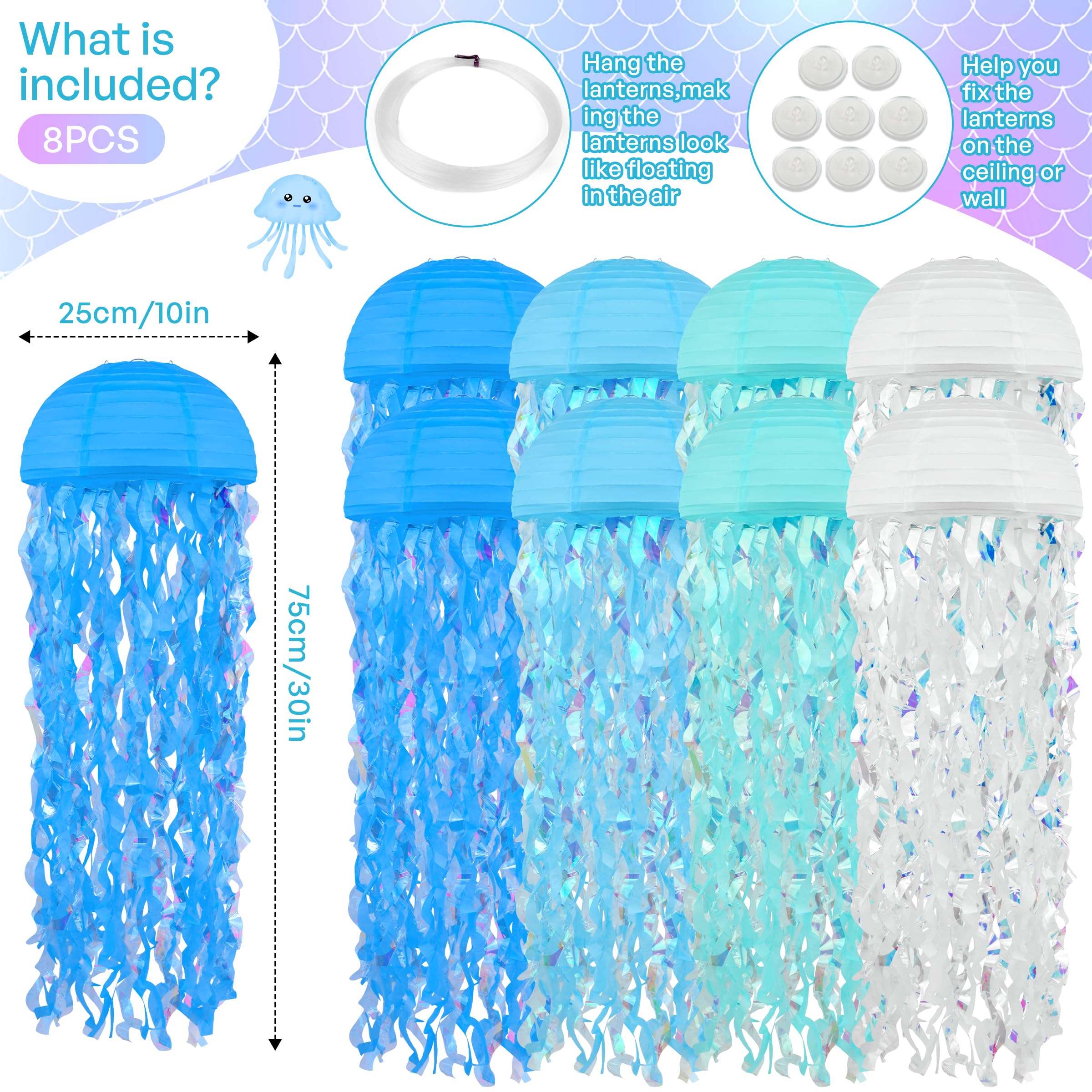 Bisanzoya 8 pcs Jellyfish Paper Lanterns Ocean Decorations, Metal, Dark Blue/Light Blue/White, for Birthday & Baby Shower