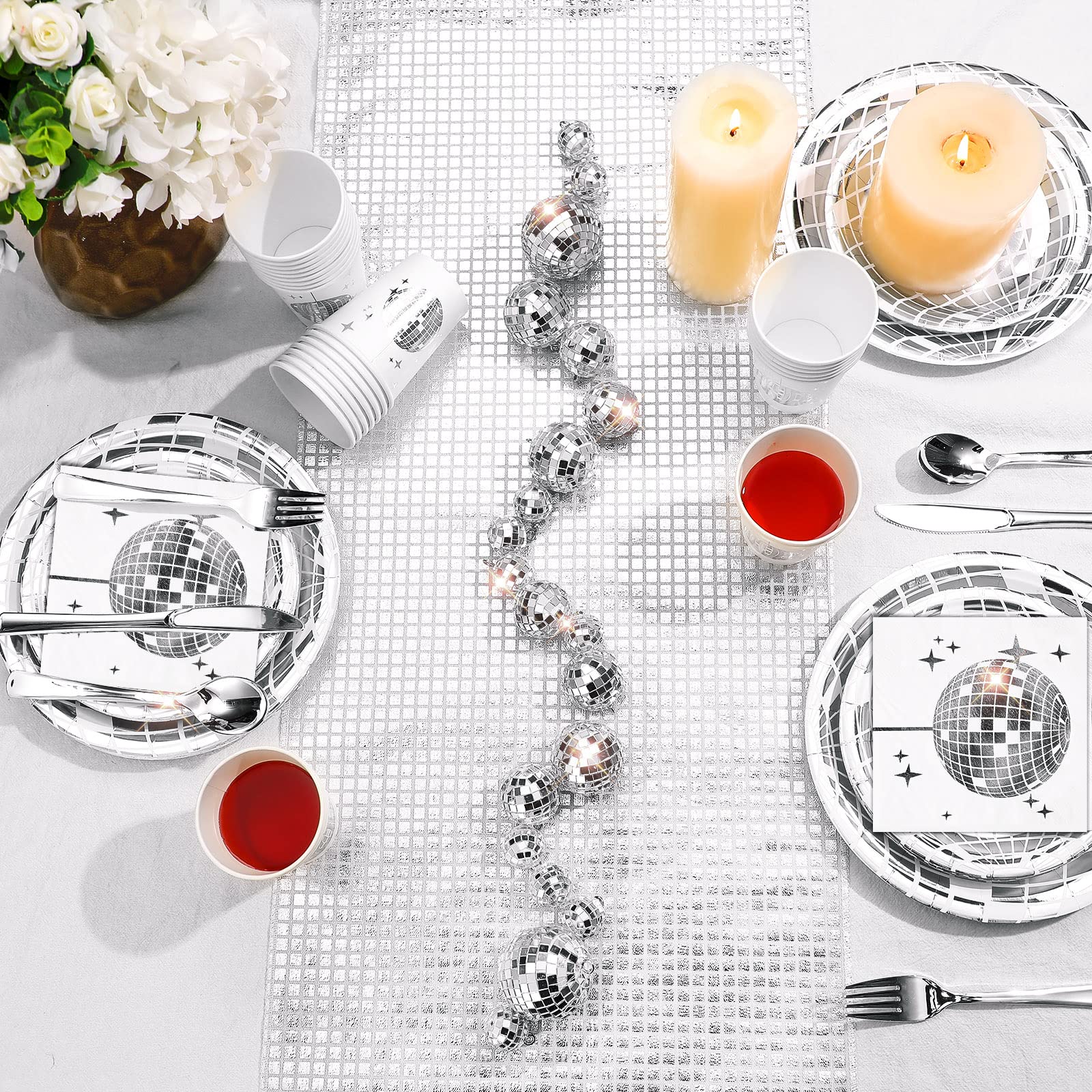 Marsui Disco Party Decor Set - 121 Pcs with 25 Disco Balls, Paper Plates, Cups, Napkins, and Table Runner - Silver