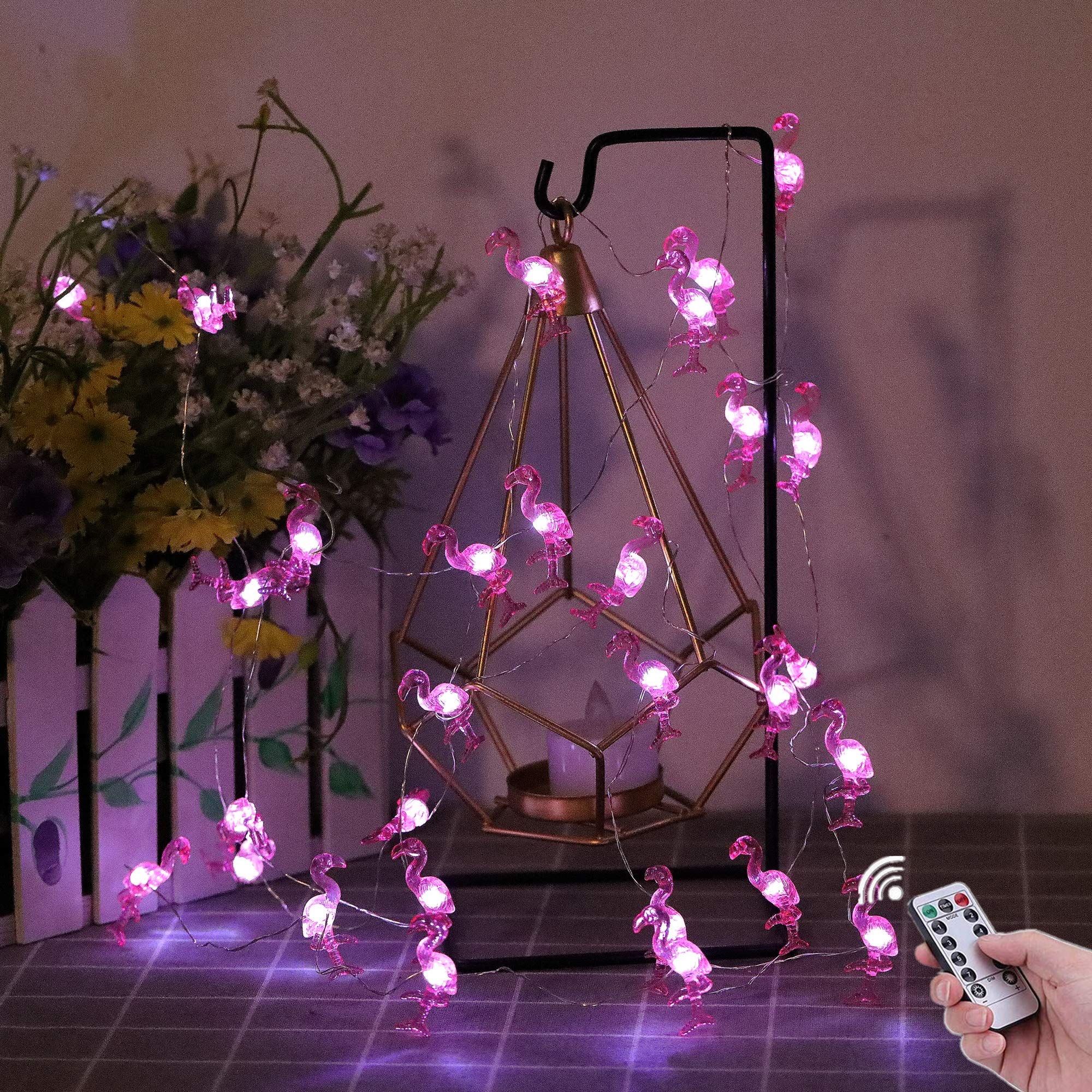 HDNICEZM Flamingo Decorative String Lights, 13.85 Ft 40 Cold White LED Weatherproof Battery Operated 8 Modes Spring Fairy Lights for Holiday Parties Bedrooms Weddings Gardens with Remote and Timer