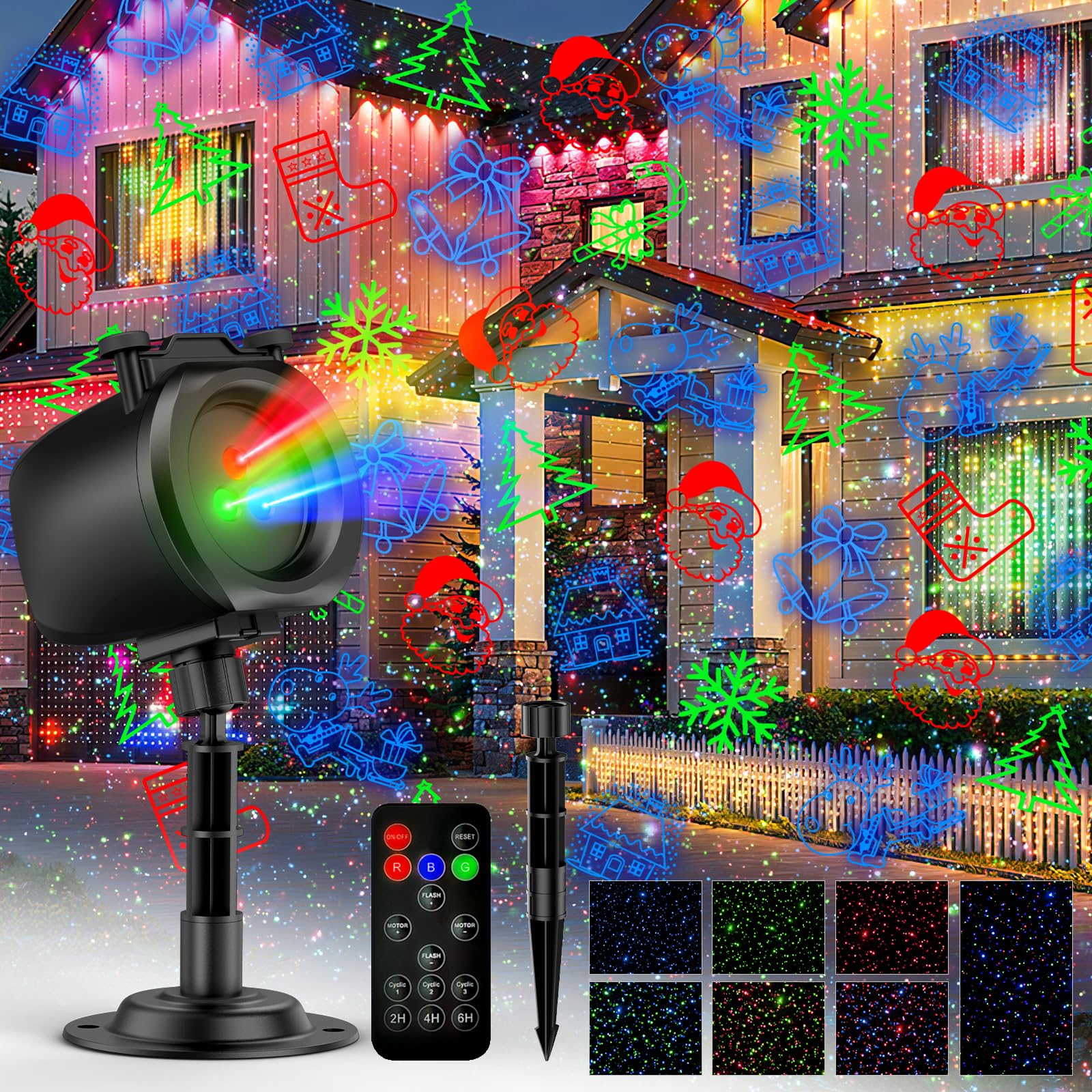Christmas Projector Lights Outdoor with 4 Festival Themes, 3 Color Firefly Light Show with Remote Control and Timer, Waterproof 