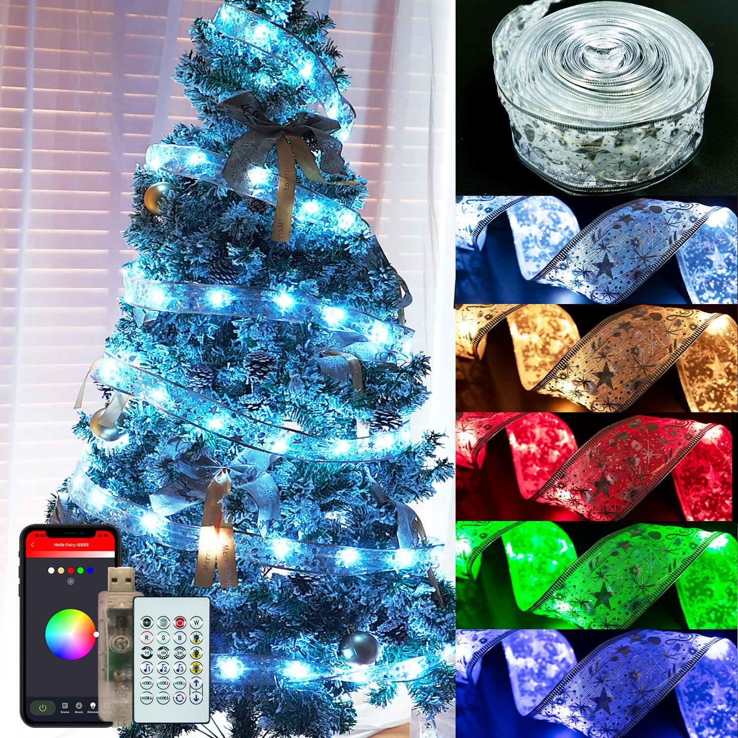 33ft Smart Christmas Tree Ribbon String Lights, 80 Modes Colors Changing Ribbon Light for Christmas Tree, APP & Remote Control, Sync Musical, Timer, USB (Silver with Multicolor)