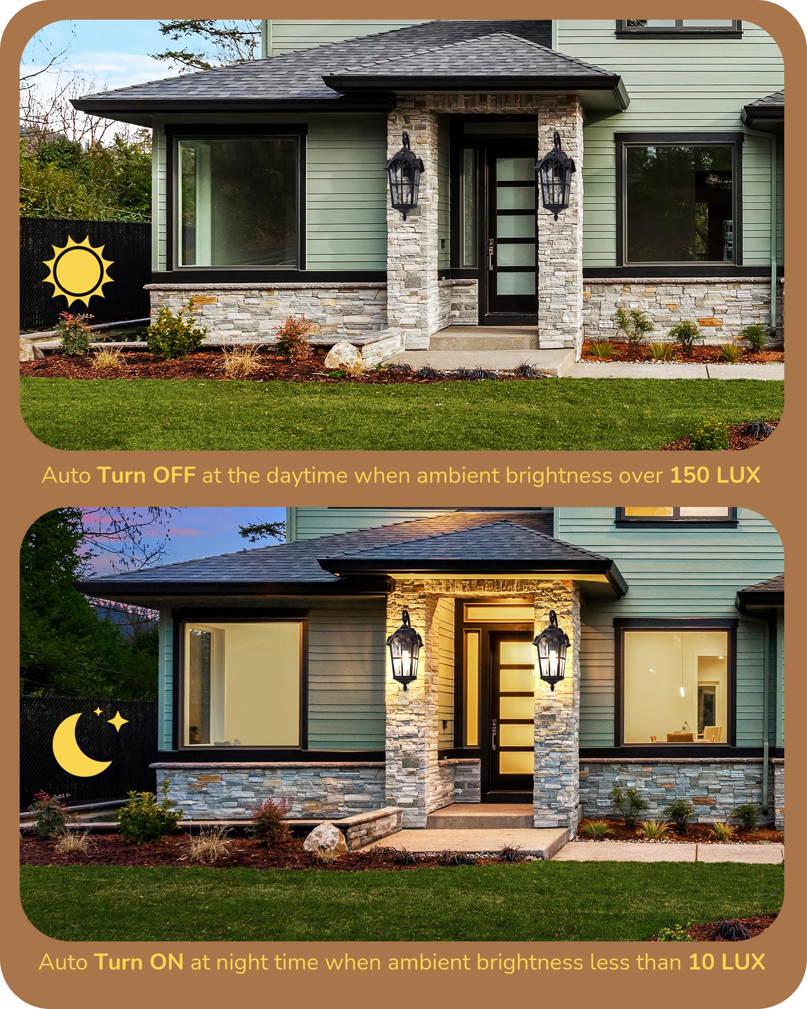 EDISHINE Dusk to Dawn Outdoor Wall Light, Black Aluminum Lantern Sconce, E26 Base, 2 Pack