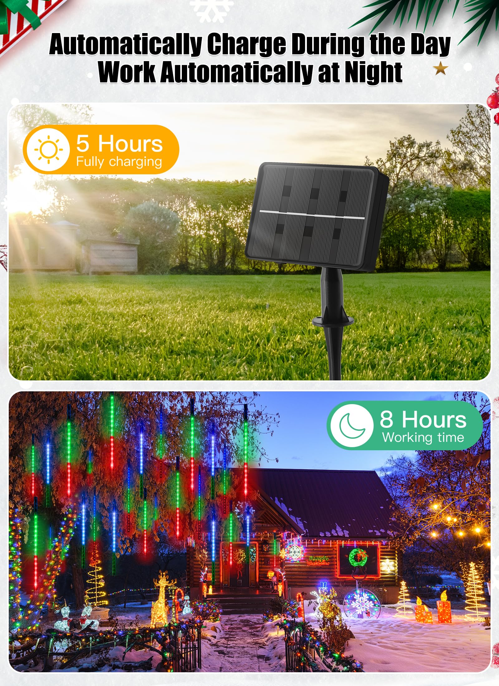 Minetom Solar Meteor Shower Lights 20 Tubes 16 Inch 720 Led Solar Christmas Lights Outdoor Waterproof, Snow Cascading String Lig