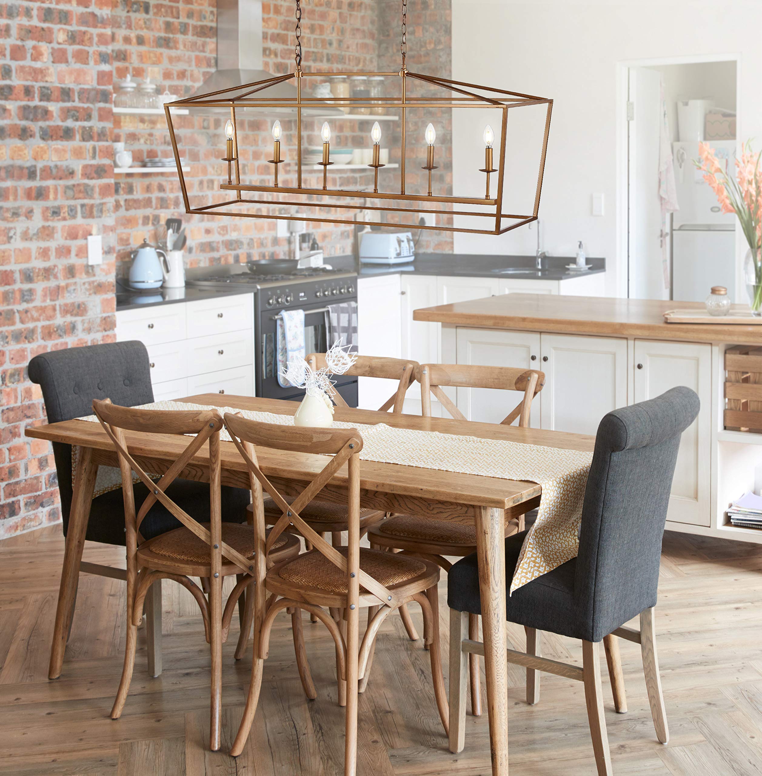 JONATHAN Y 49 Antique Gold Pagoda Lantern Pendant Light, Dimmable Adjustable Metal Fixture for Dining Room, Living Room, Kitchen, Hallway